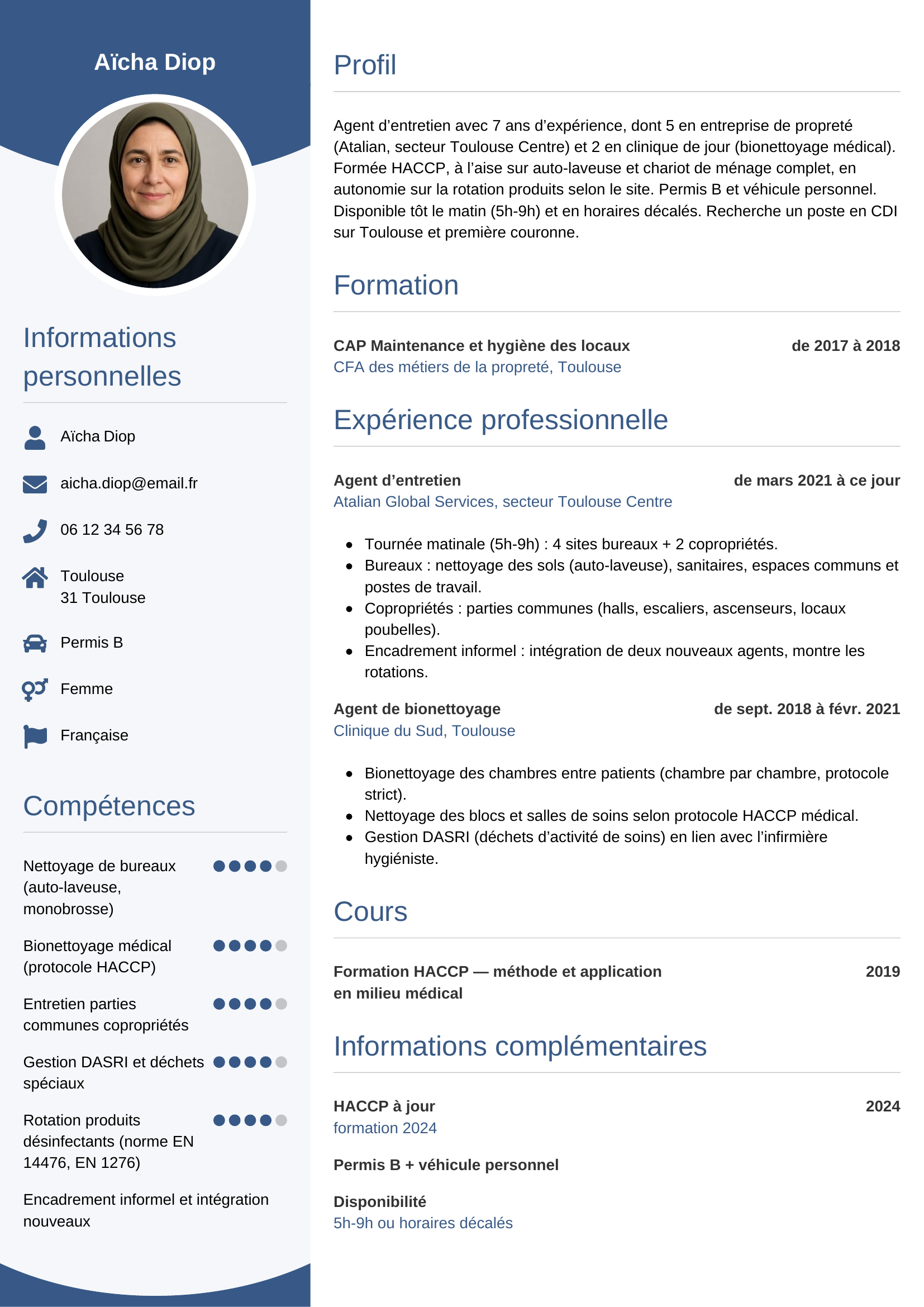 Modèle Circulaire — exemple de CV Agent d’entretien