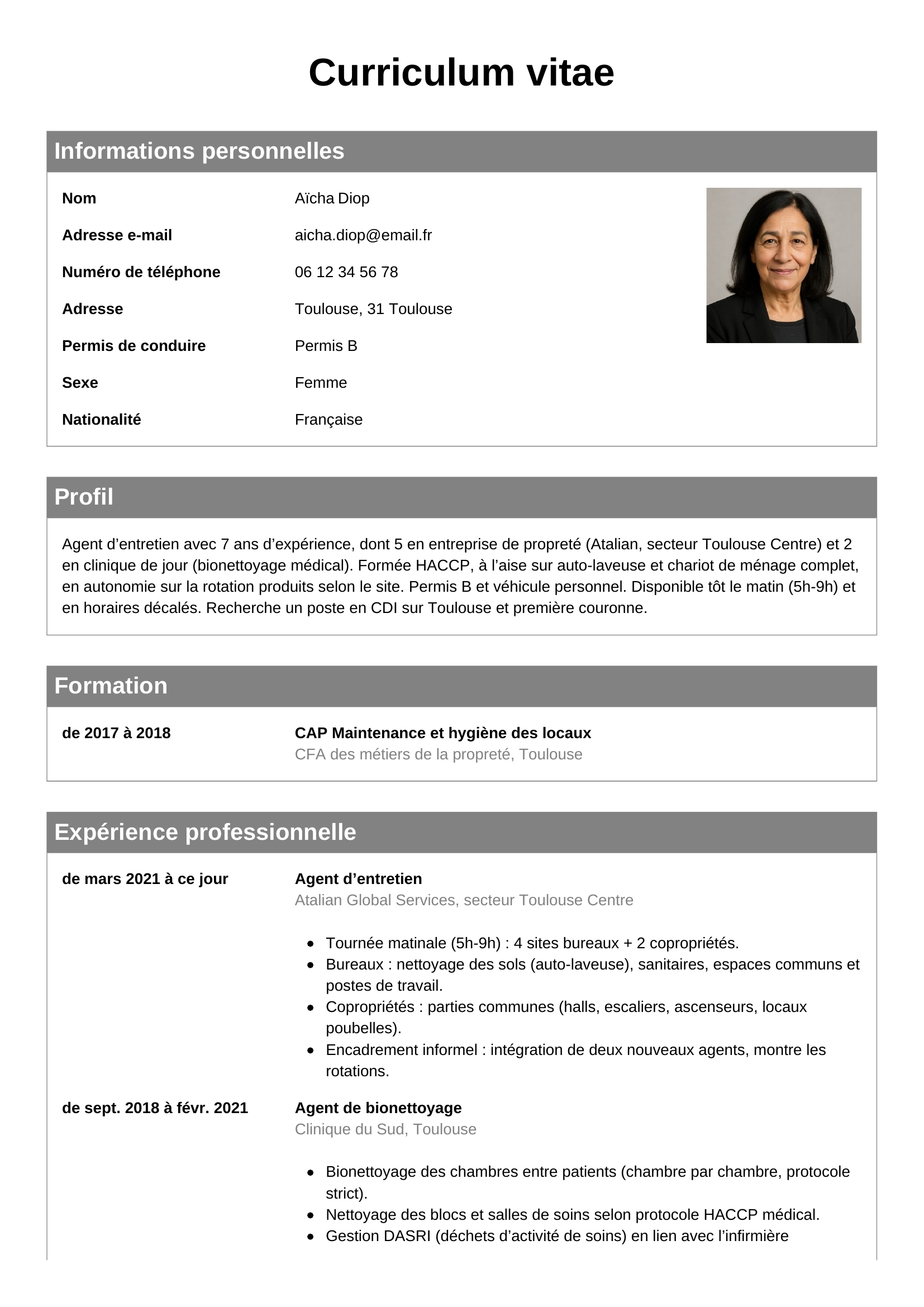 Modèle Classique — exemple de CV Agent d’entretien