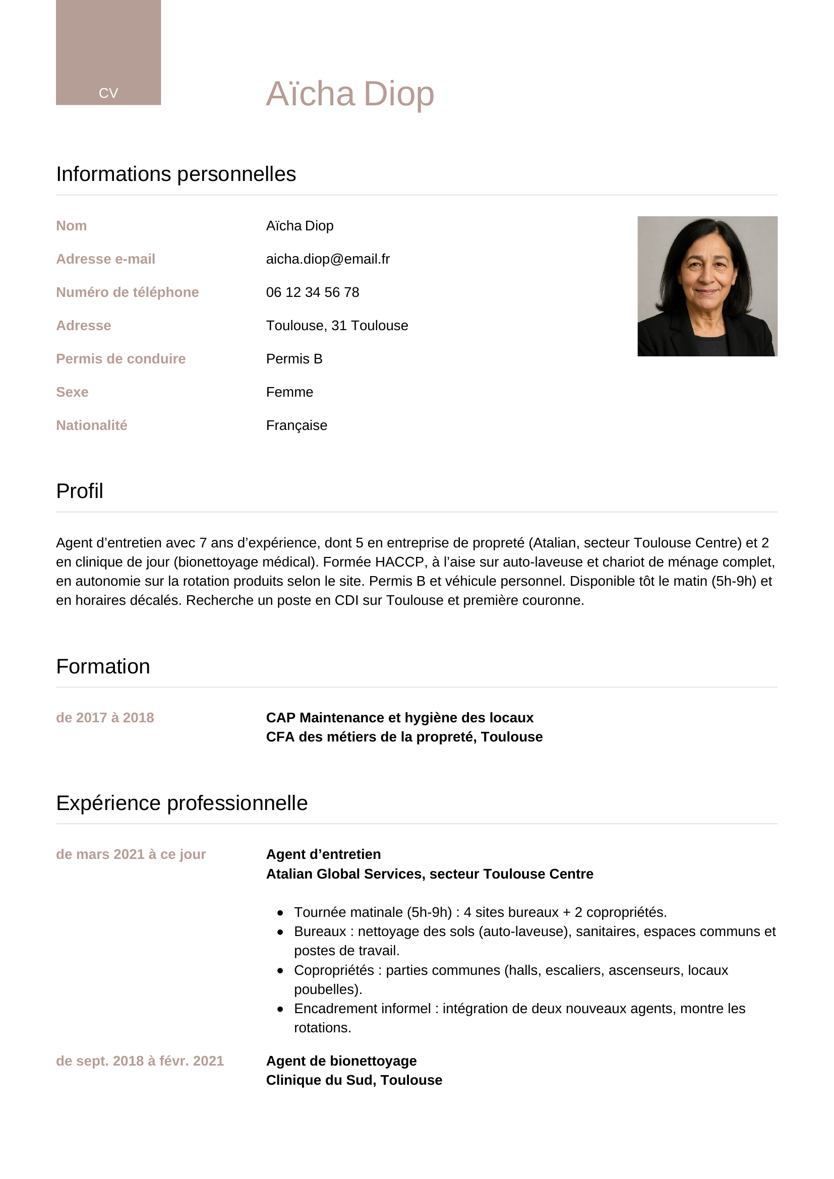 Modèle Luxe — exemple de CV Agent d’entretien
