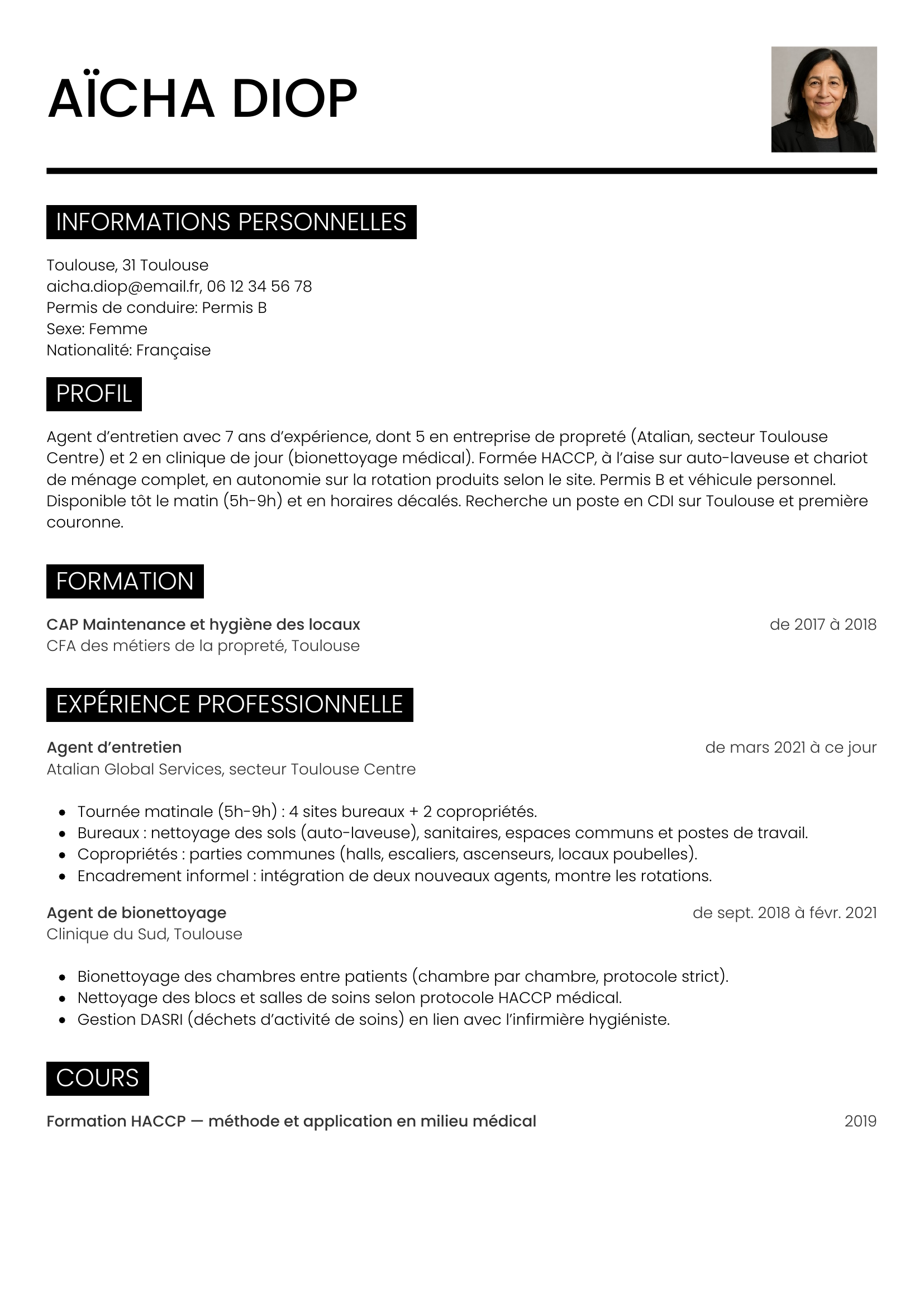 Modèle Métro — exemple de CV Agent d’entretien