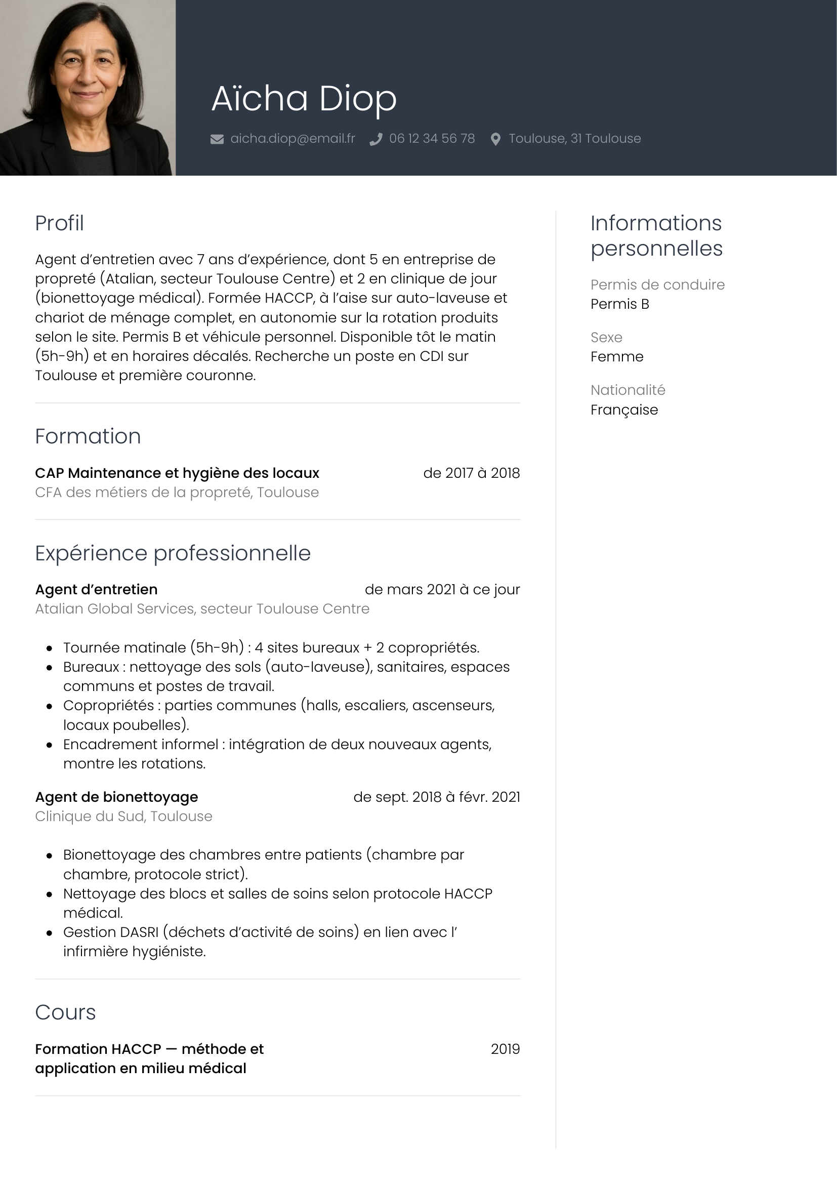 Modèle Professionnel — exemple de CV Agent d’entretien