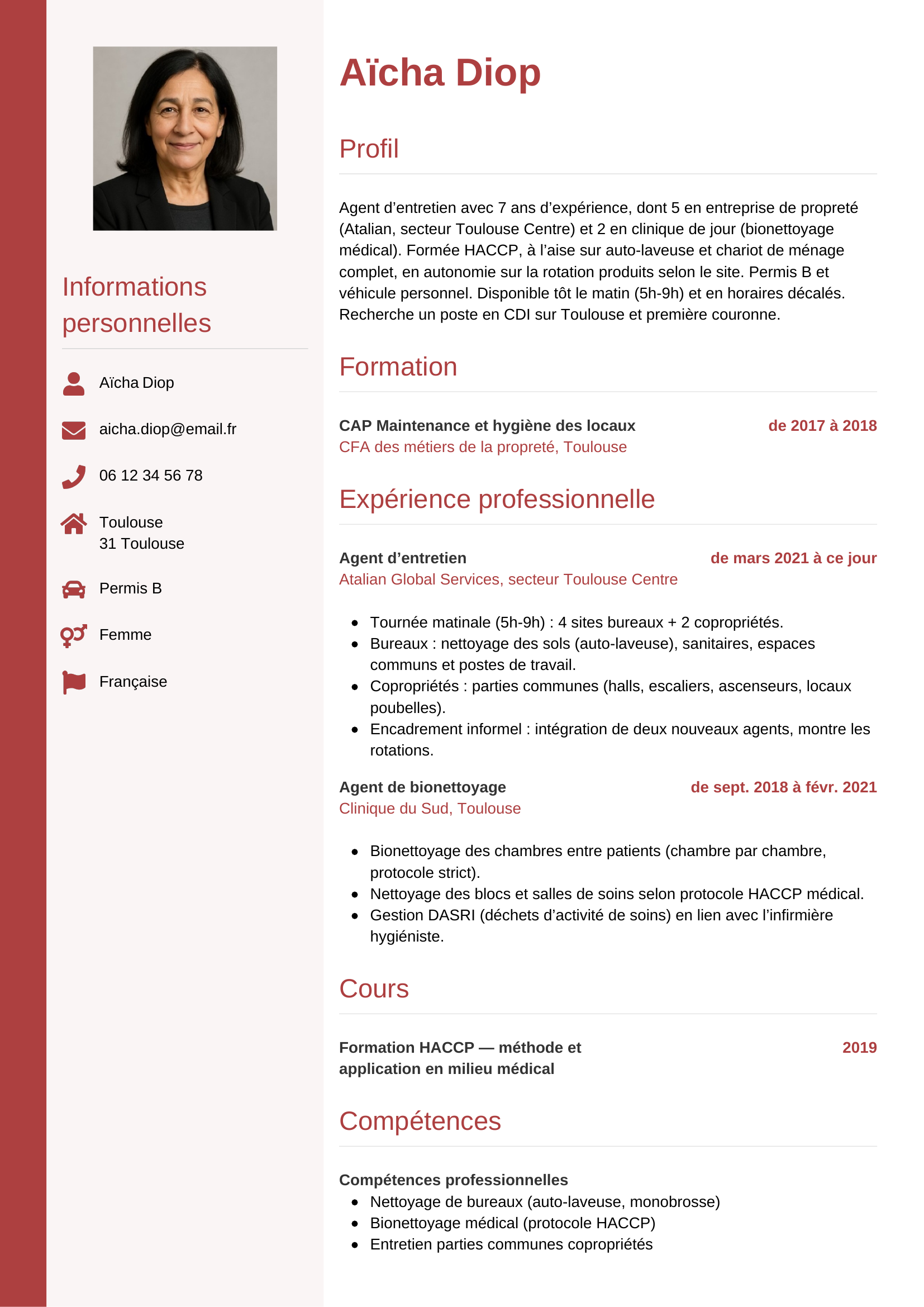 Modèle Vertical — exemple de CV Agent d’entretien
