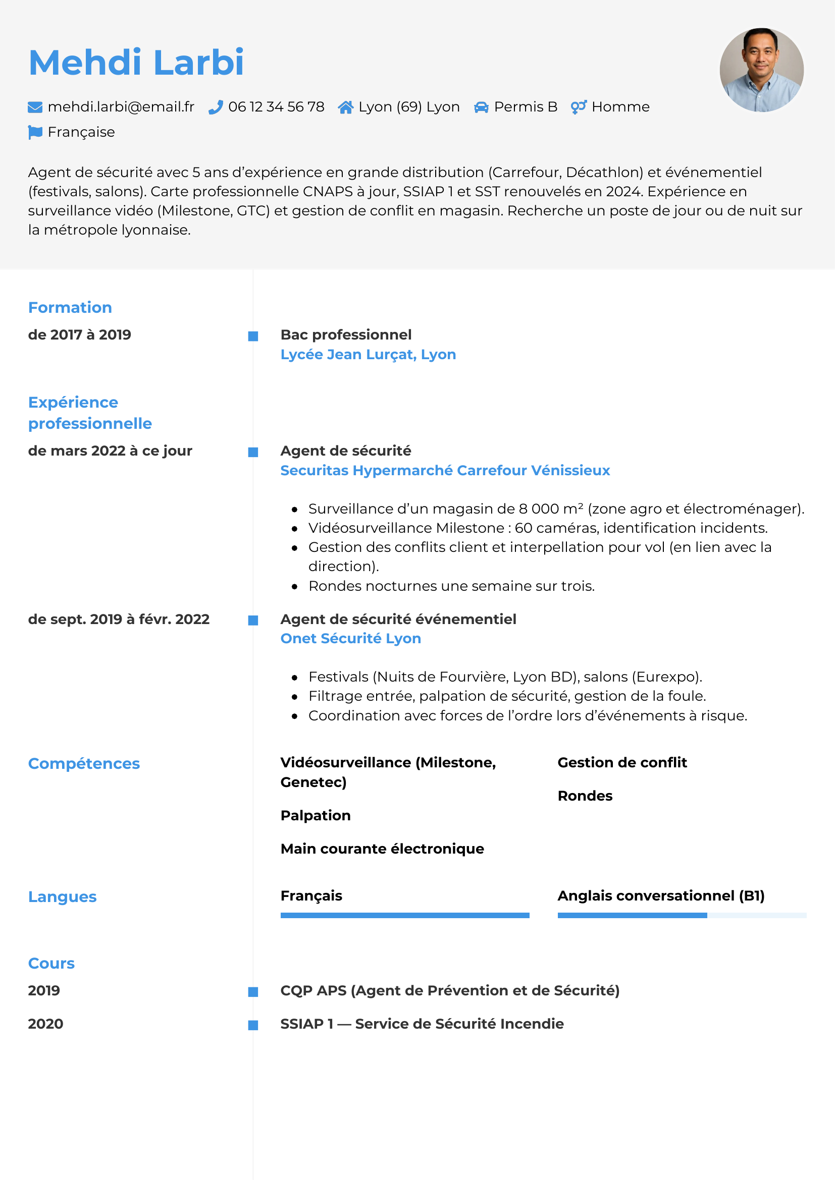 CV agent de sécurité — modèle chrono