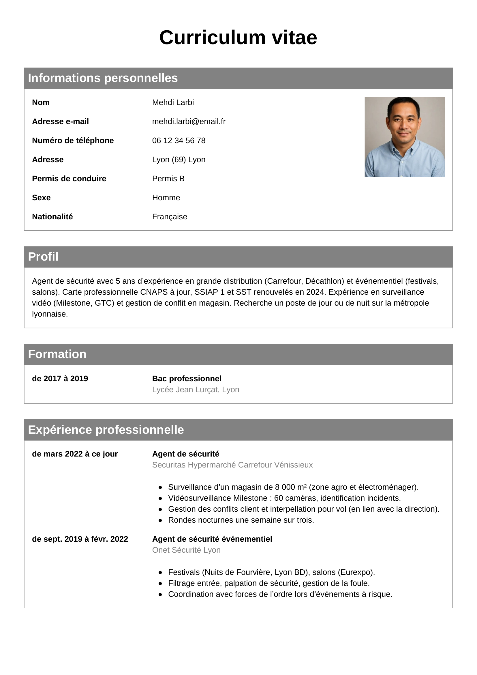 CV agent de sécurité — modèle classique