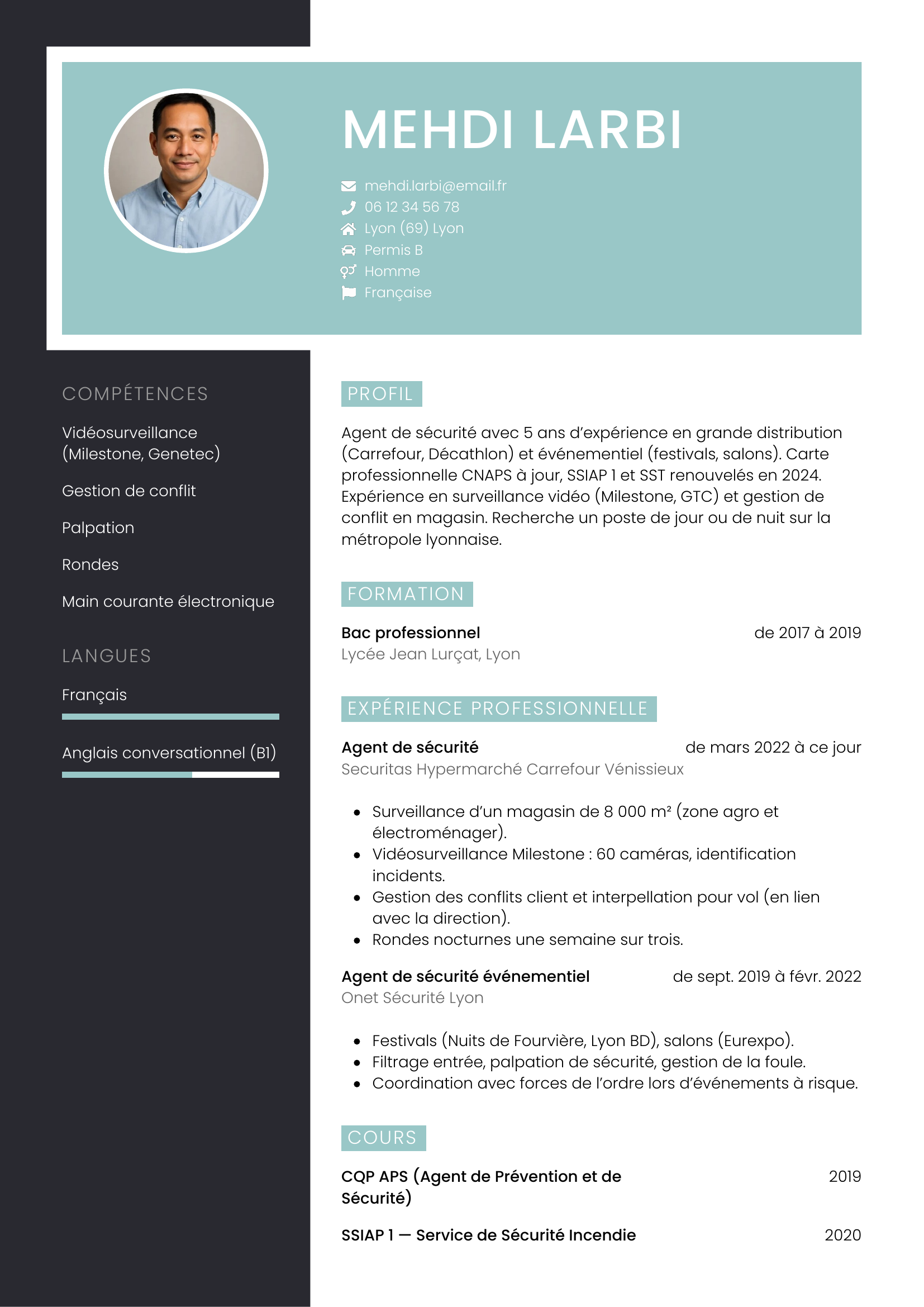 Modèle Élégant — exemple de CV Agent de sécurité