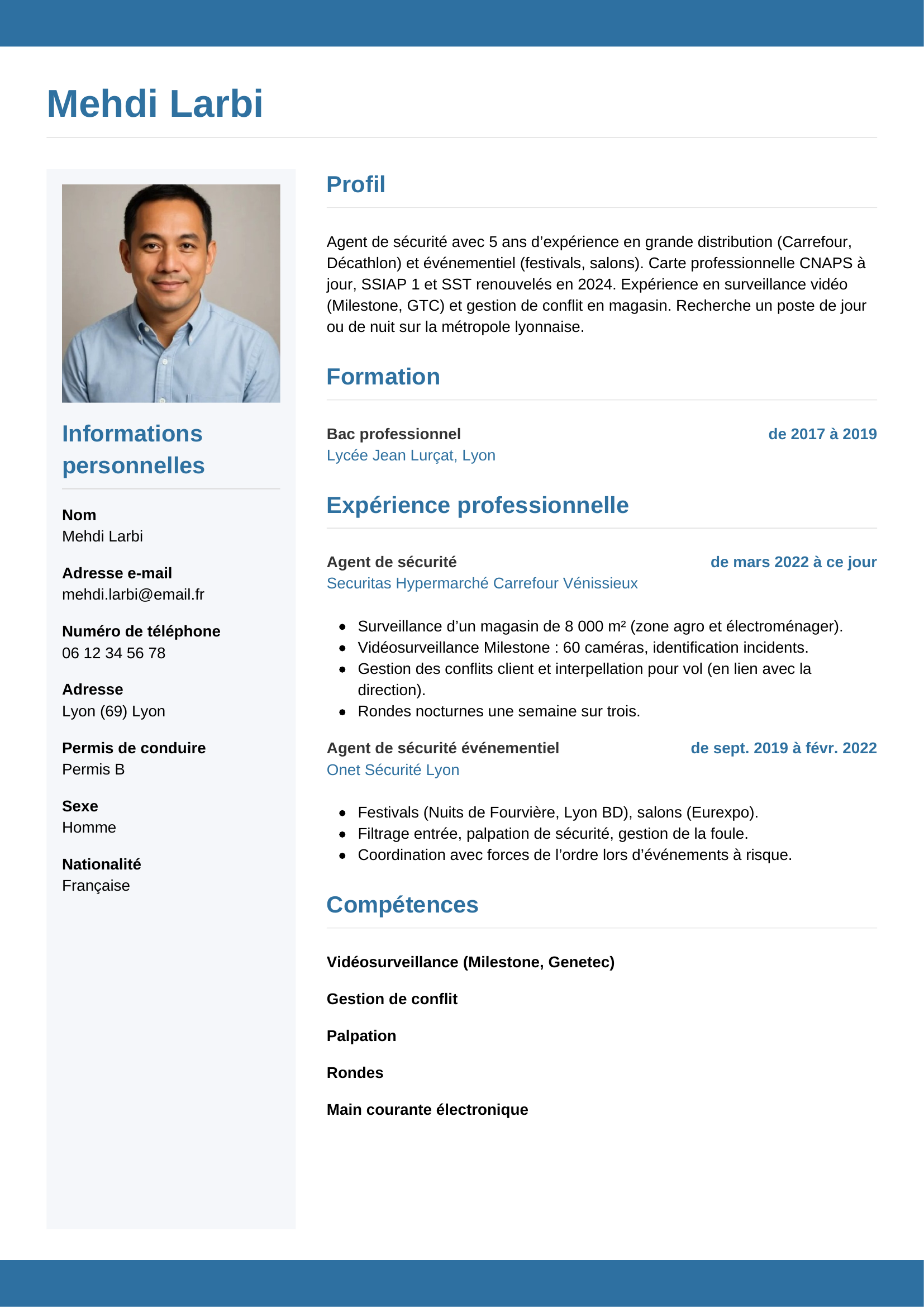 CV agent de sécurité — modèle horizontal