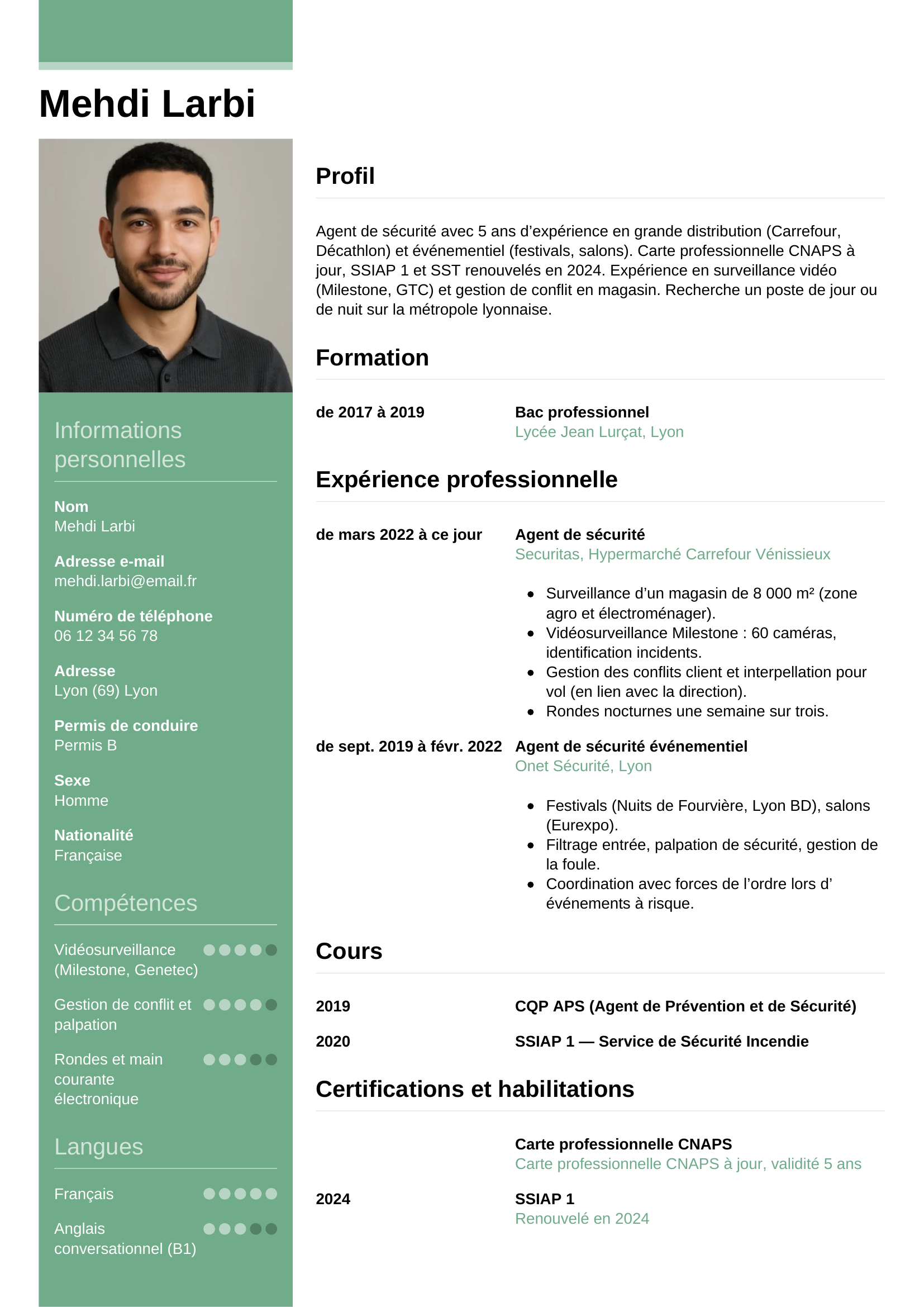 Modèle Informel — exemple de CV Agent de sécurité
