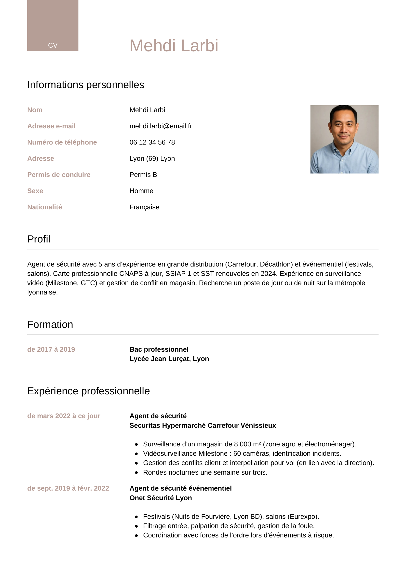 CV agent de sécurité — modèle luxe