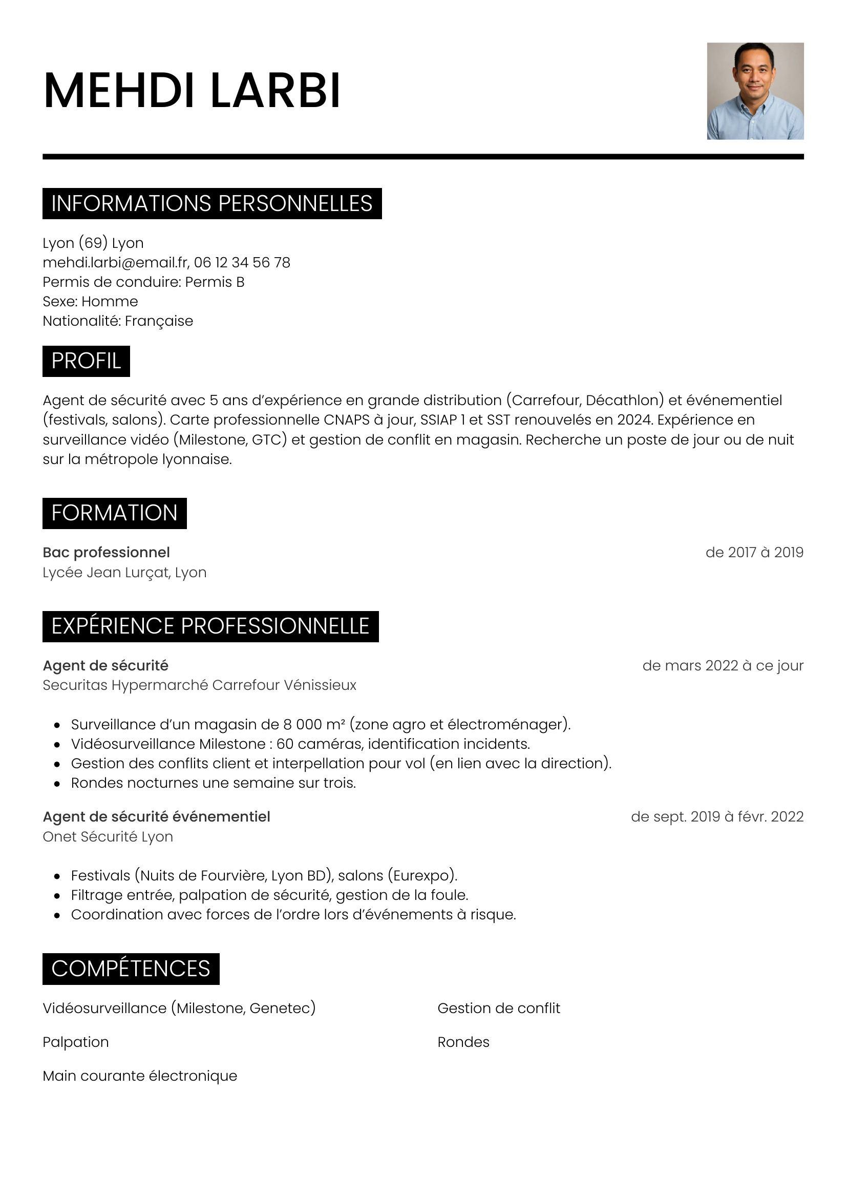CV agent de sécurité — modèle métro