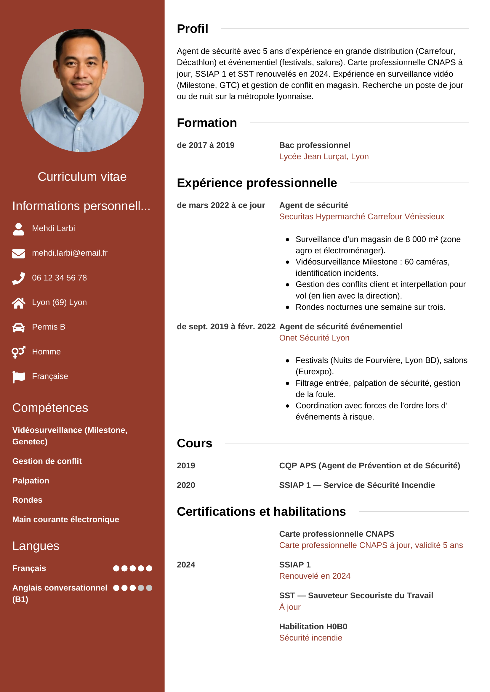 Exemple de CV agent de sécurité