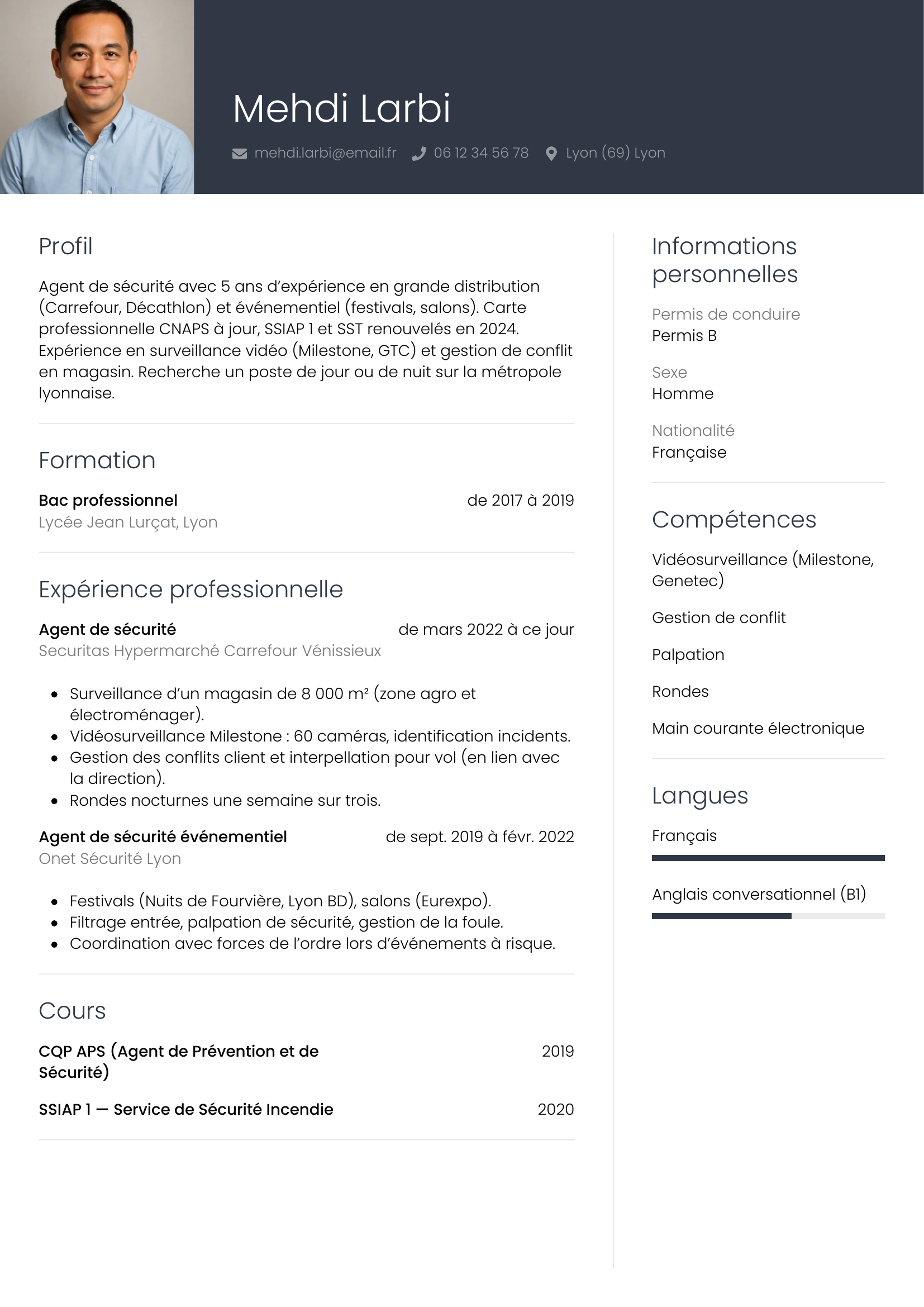 CV agent de sécurité — modèle professionnel