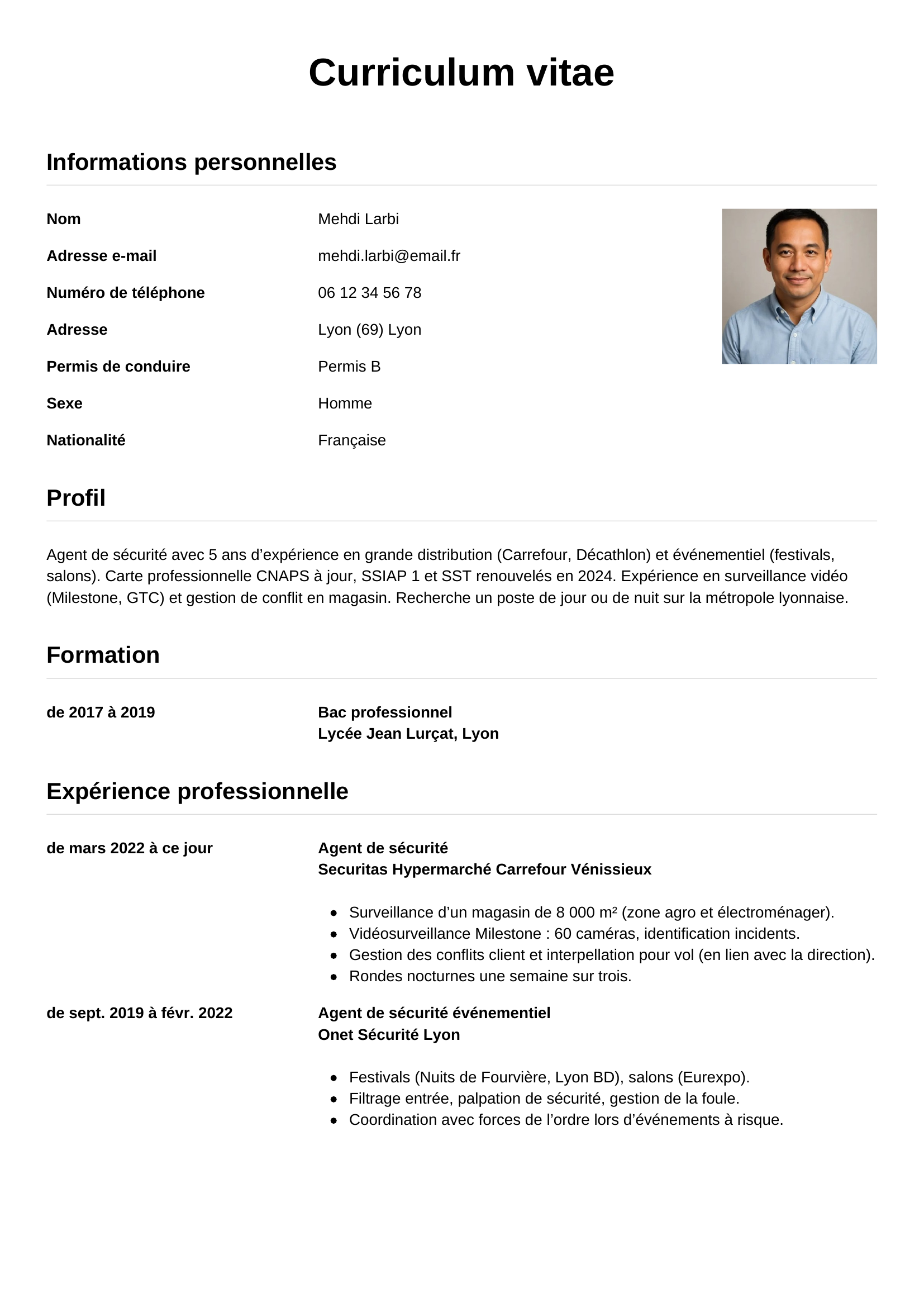 CV agent de sécurité — modèle simple