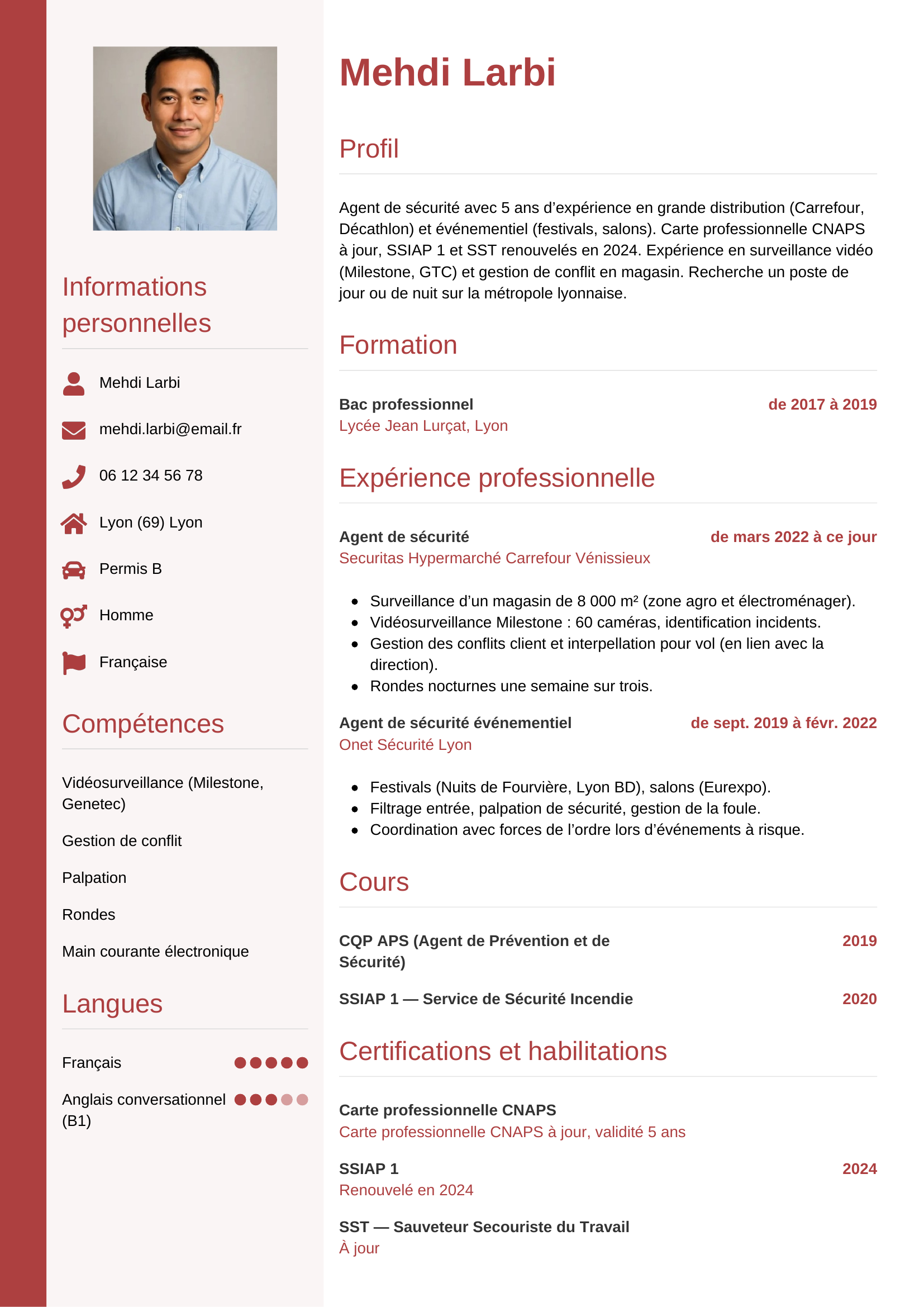 CV agent de sécurité — modèle vertical