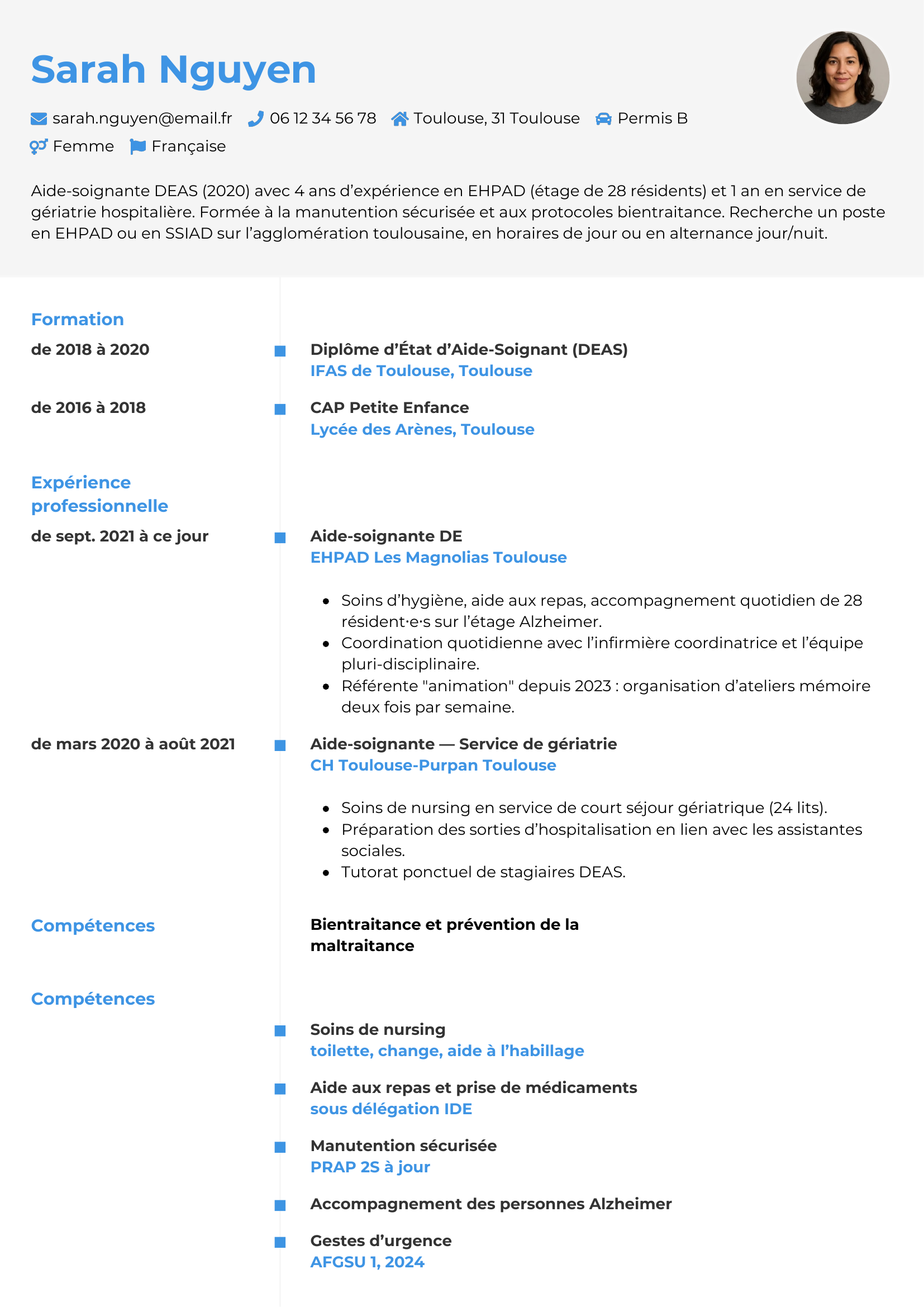 Modèle CV chrono pour aide-soignant