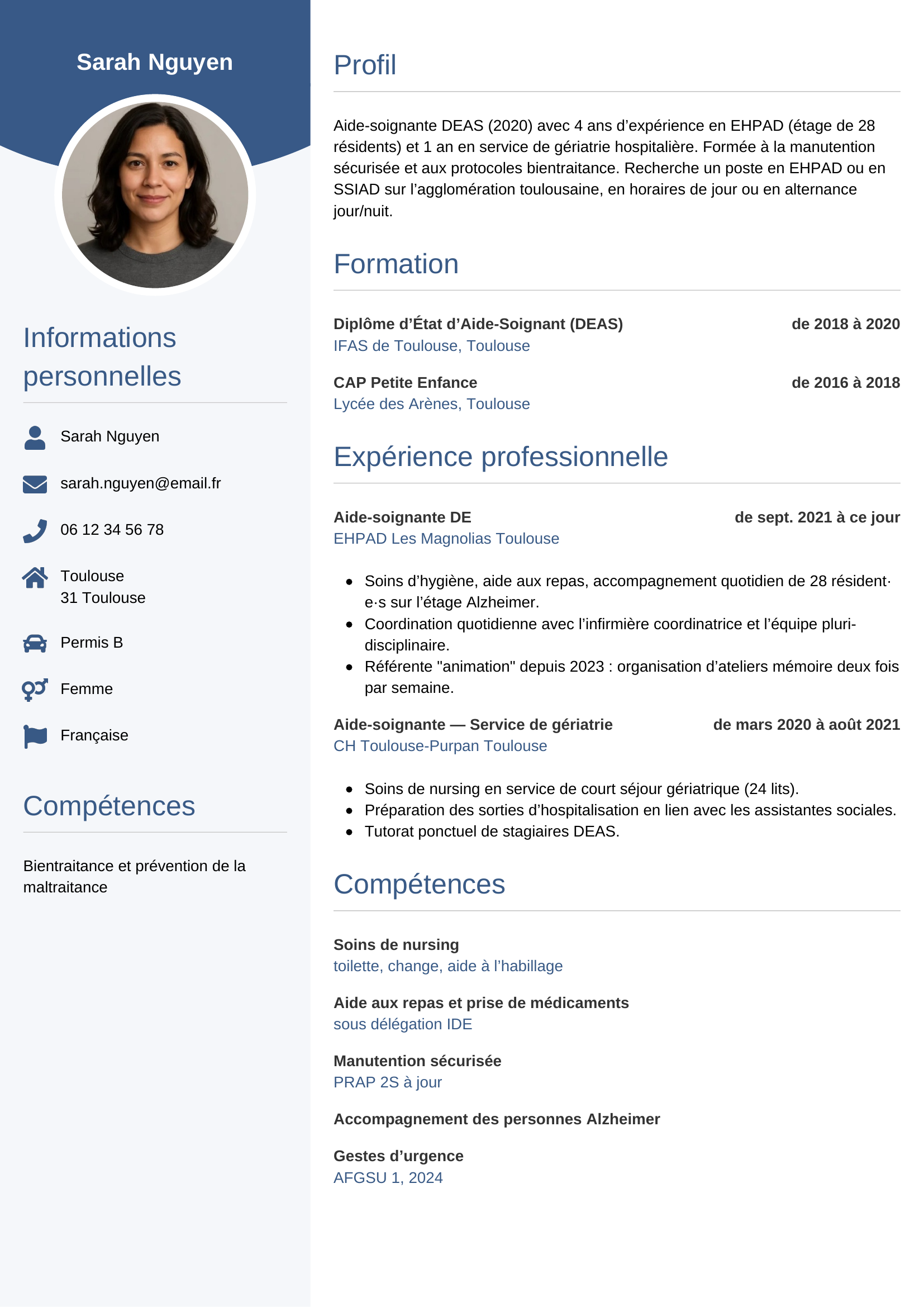 Modèle Circulaire — exemple de CV Aide-soignante