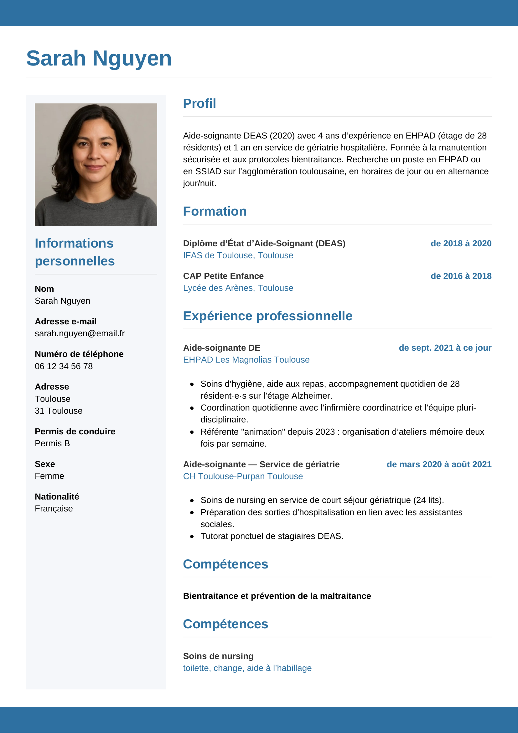 Modèle Horizontal — exemple de CV Aide-soignante