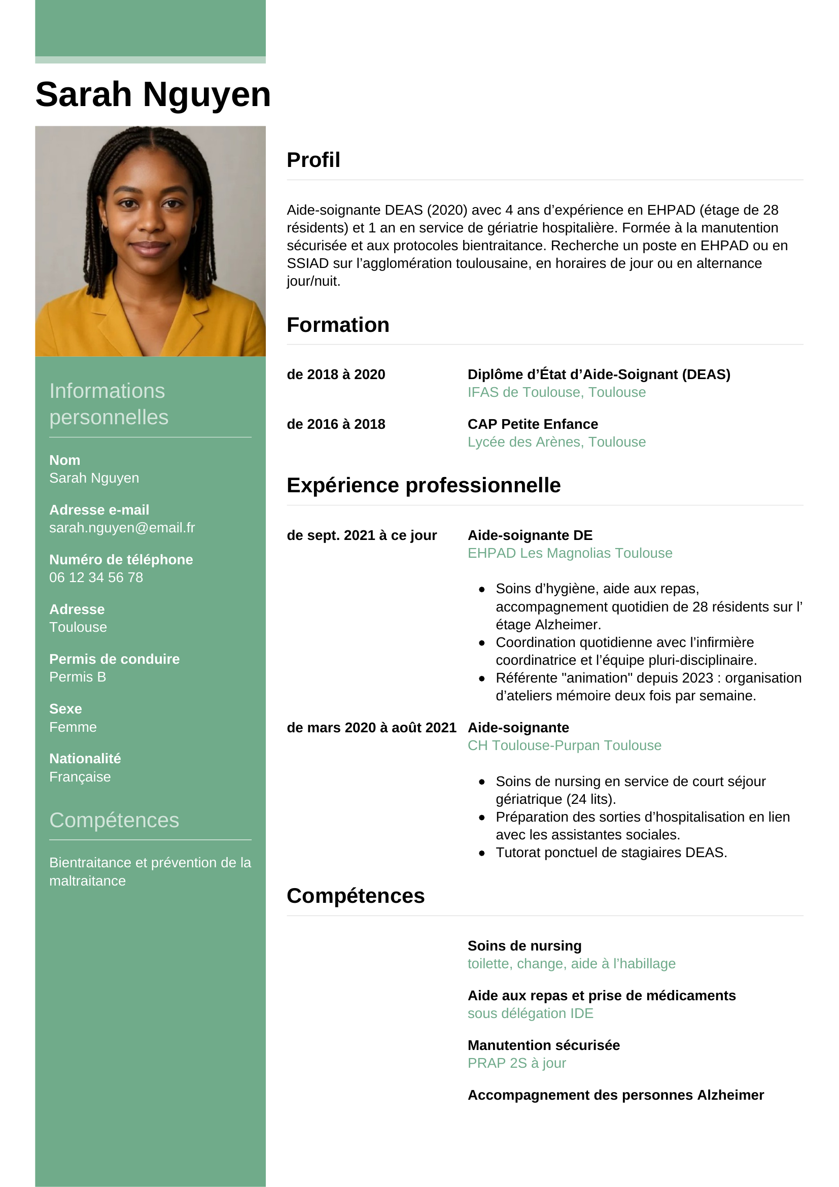 Modèle Informel — exemple de CV Aide-soignante