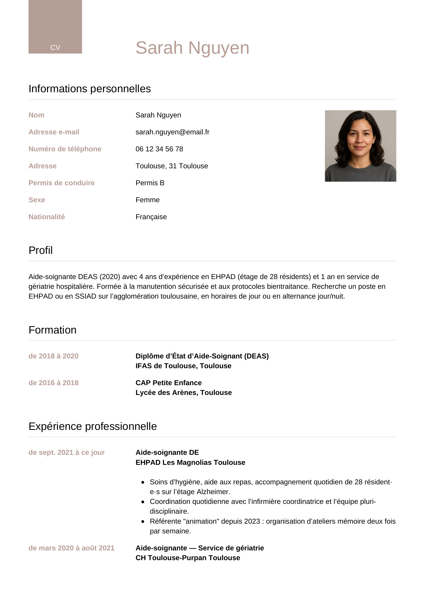 Modèle Luxe — exemple de CV Aide-soignante