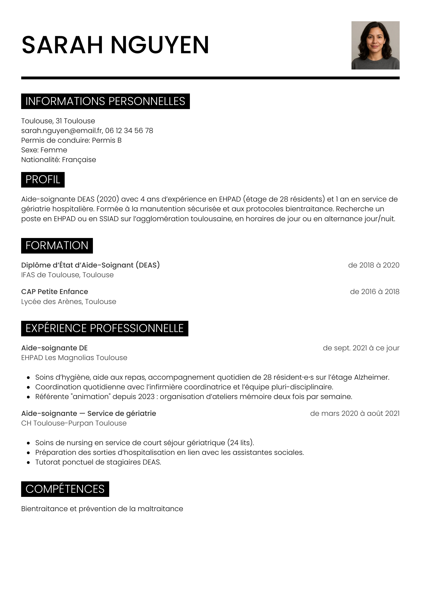 Modèle Métro — exemple de CV Aide-soignante