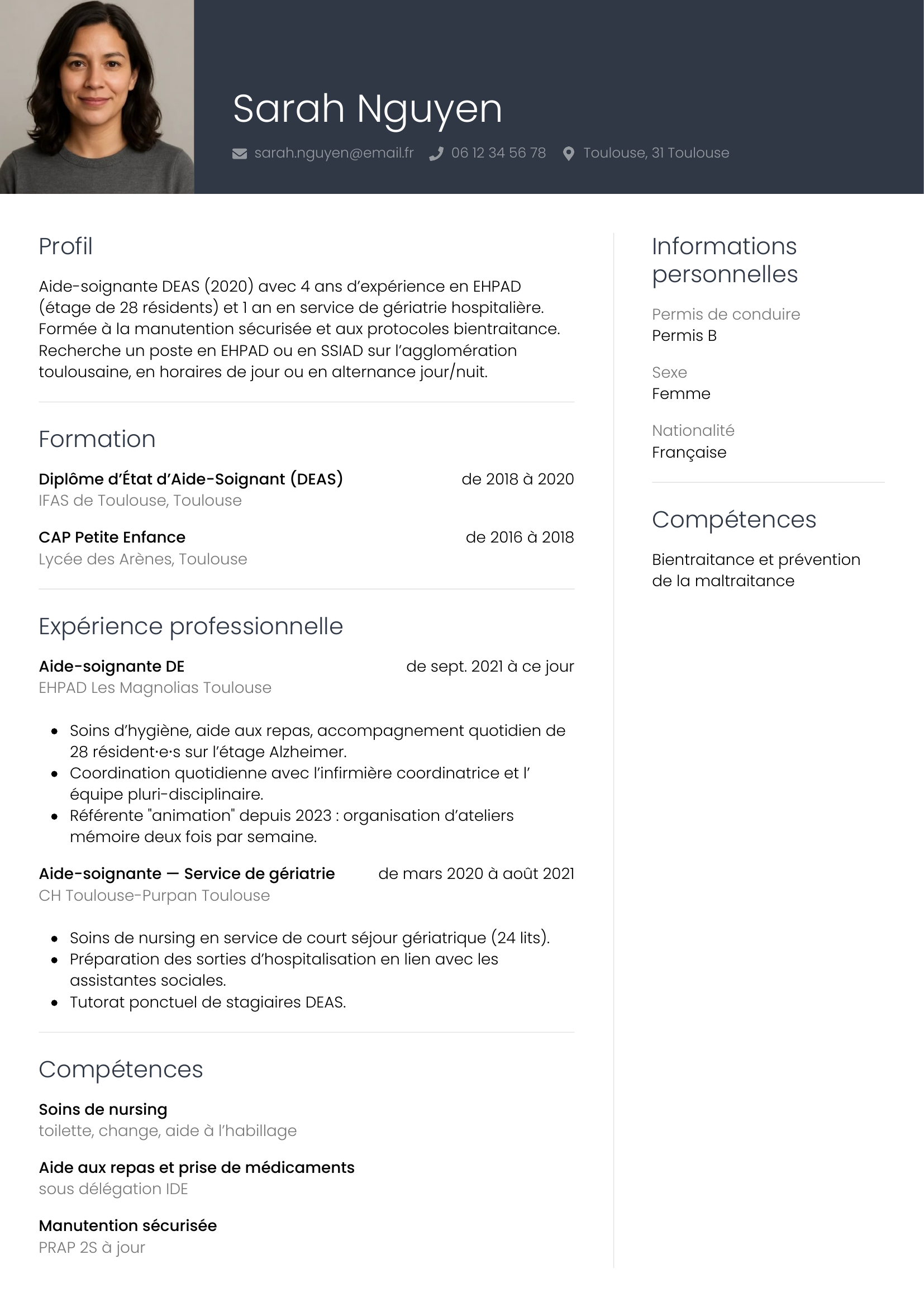 Modèle Professionnel — exemple de CV Aide-soignante