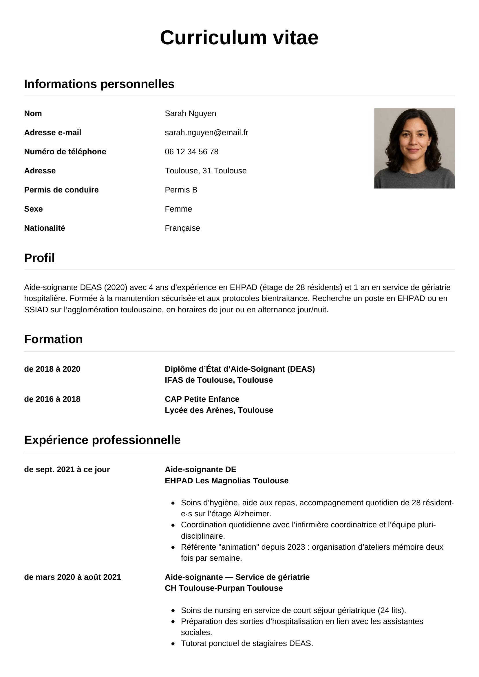Modèle Simple — exemple de CV Aide-soignante