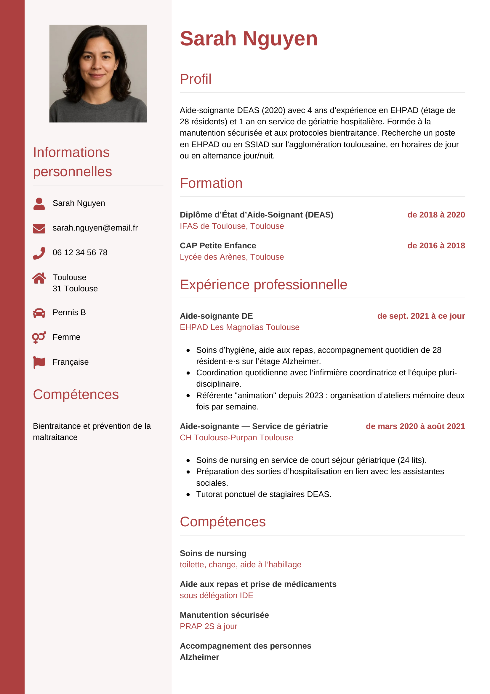 Modèle Vertical — exemple de CV Aide-soignante
