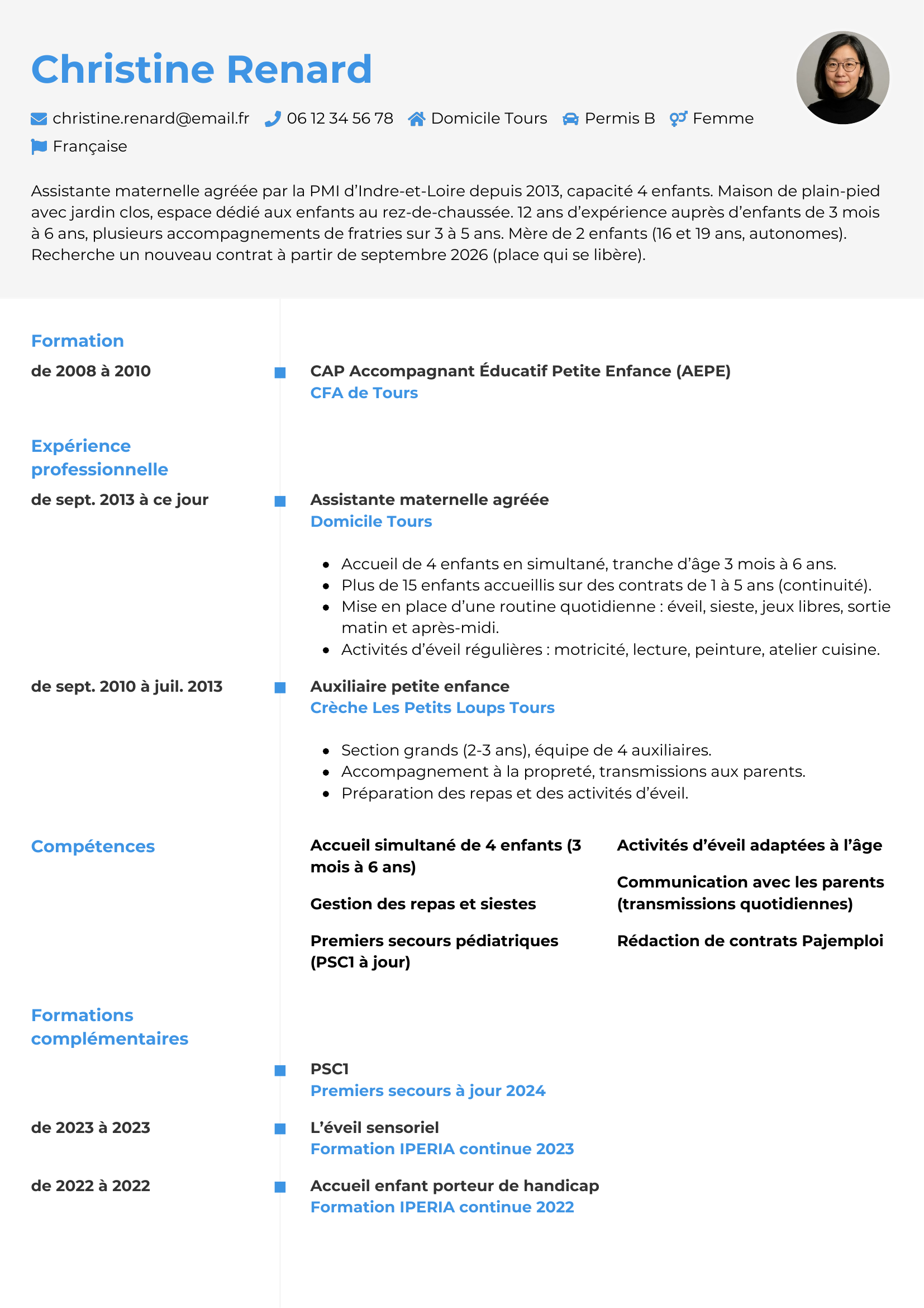 Modèle Chrono — exemple de CV Assistante maternelle