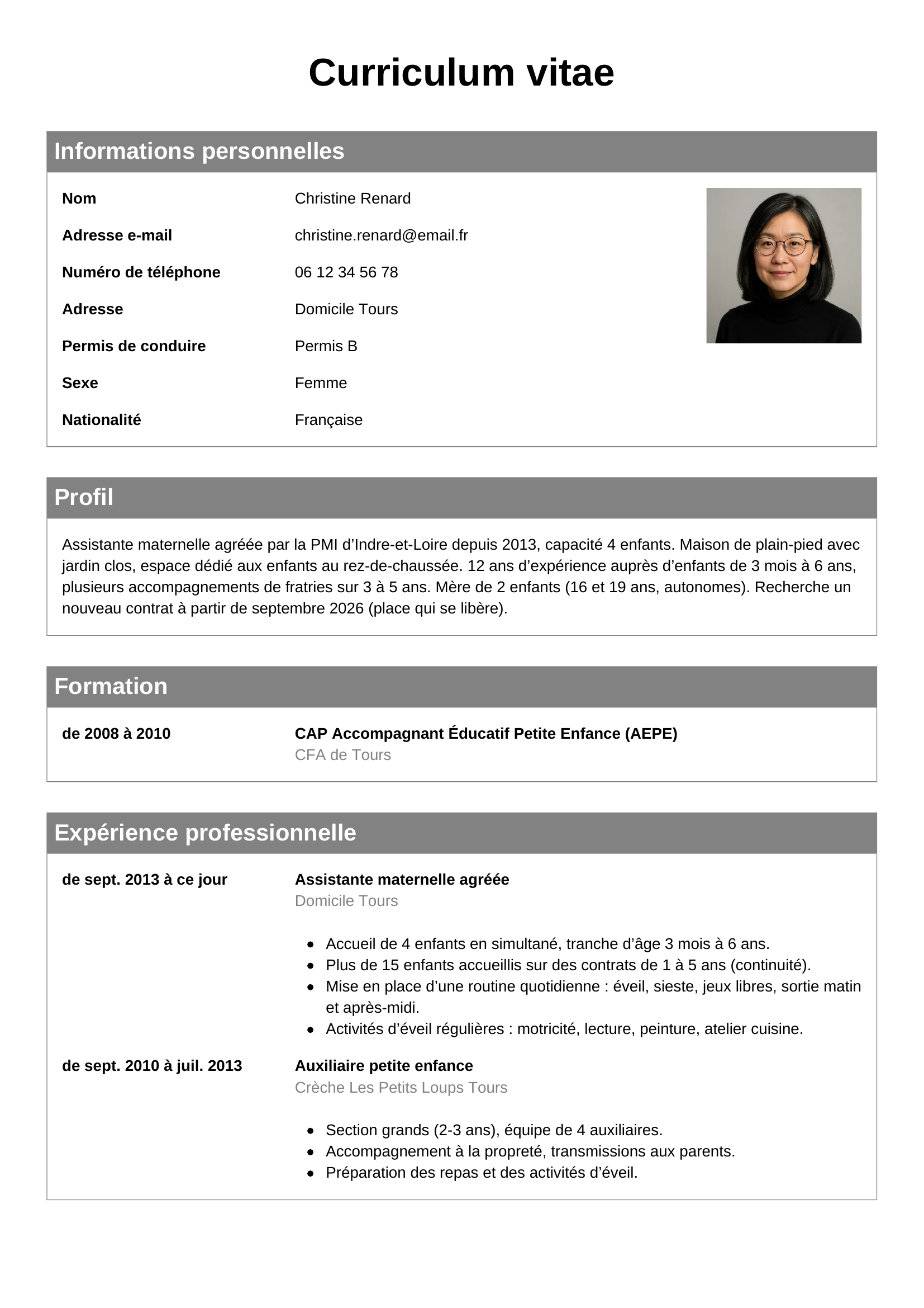 Modèle Classique — exemple de CV Assistante maternelle