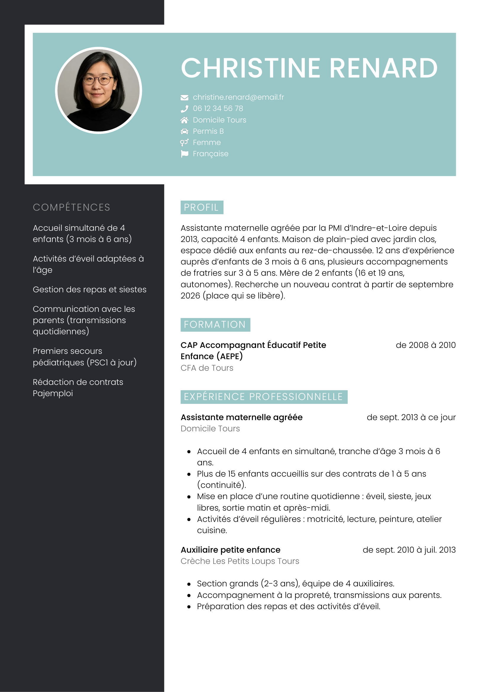 Modèle Élégant — exemple de CV Assistante maternelle