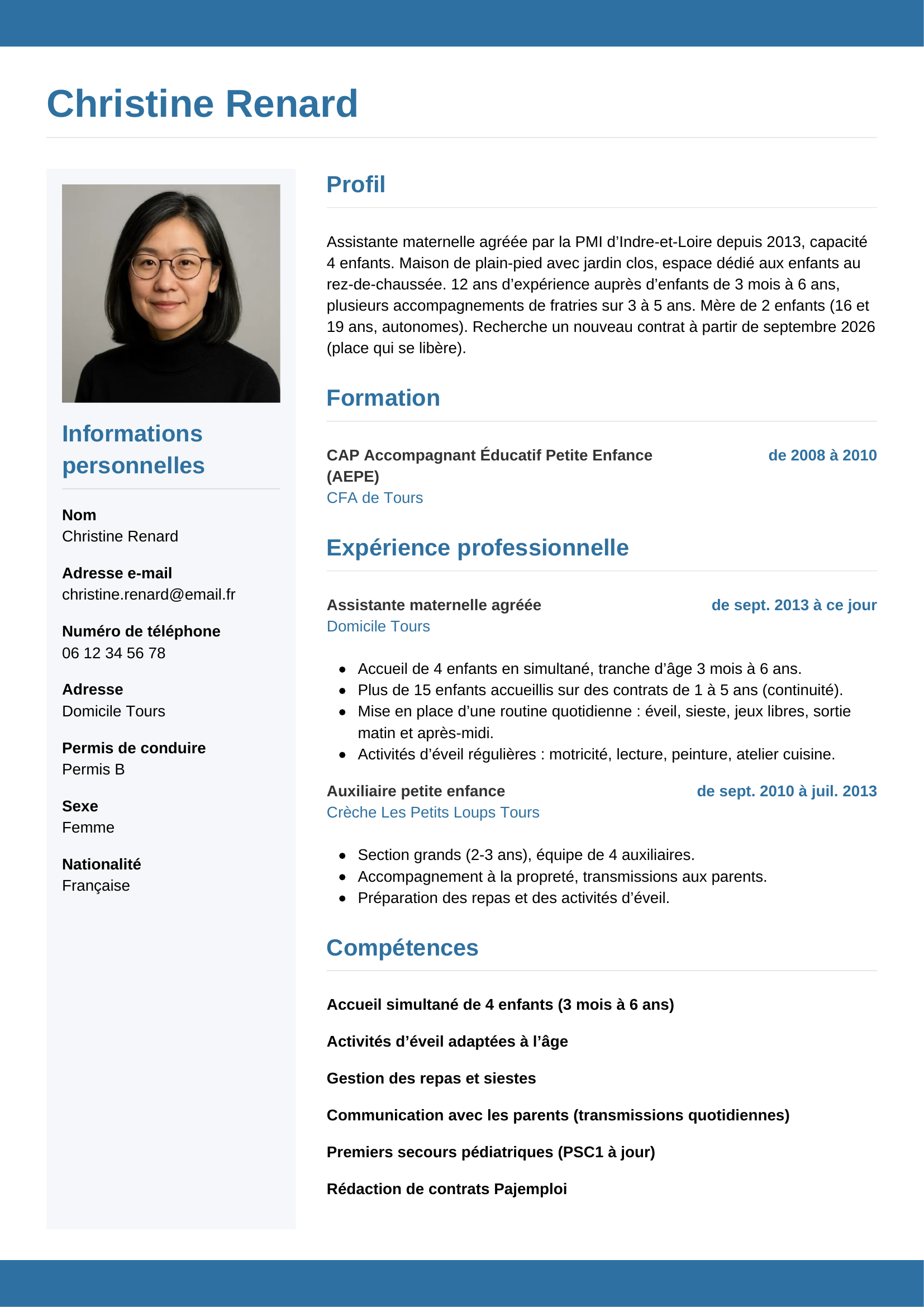 Modèle Horizontal — exemple de CV Assistante maternelle