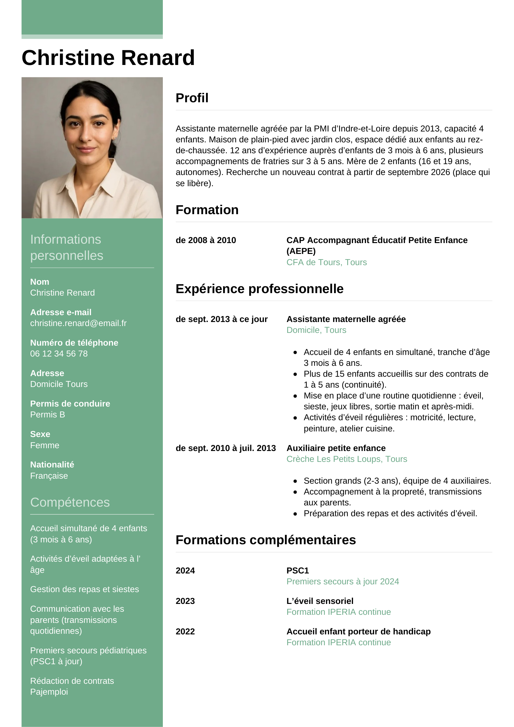 Modèle Informel — exemple de CV Assistante maternelle