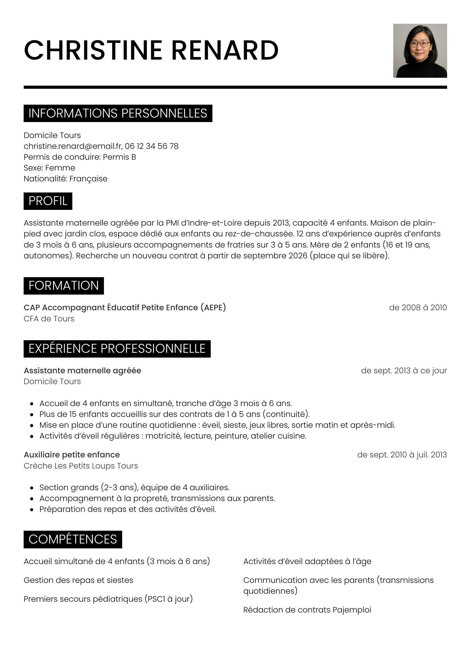 Modèle Métro — exemple de CV Assistante maternelle