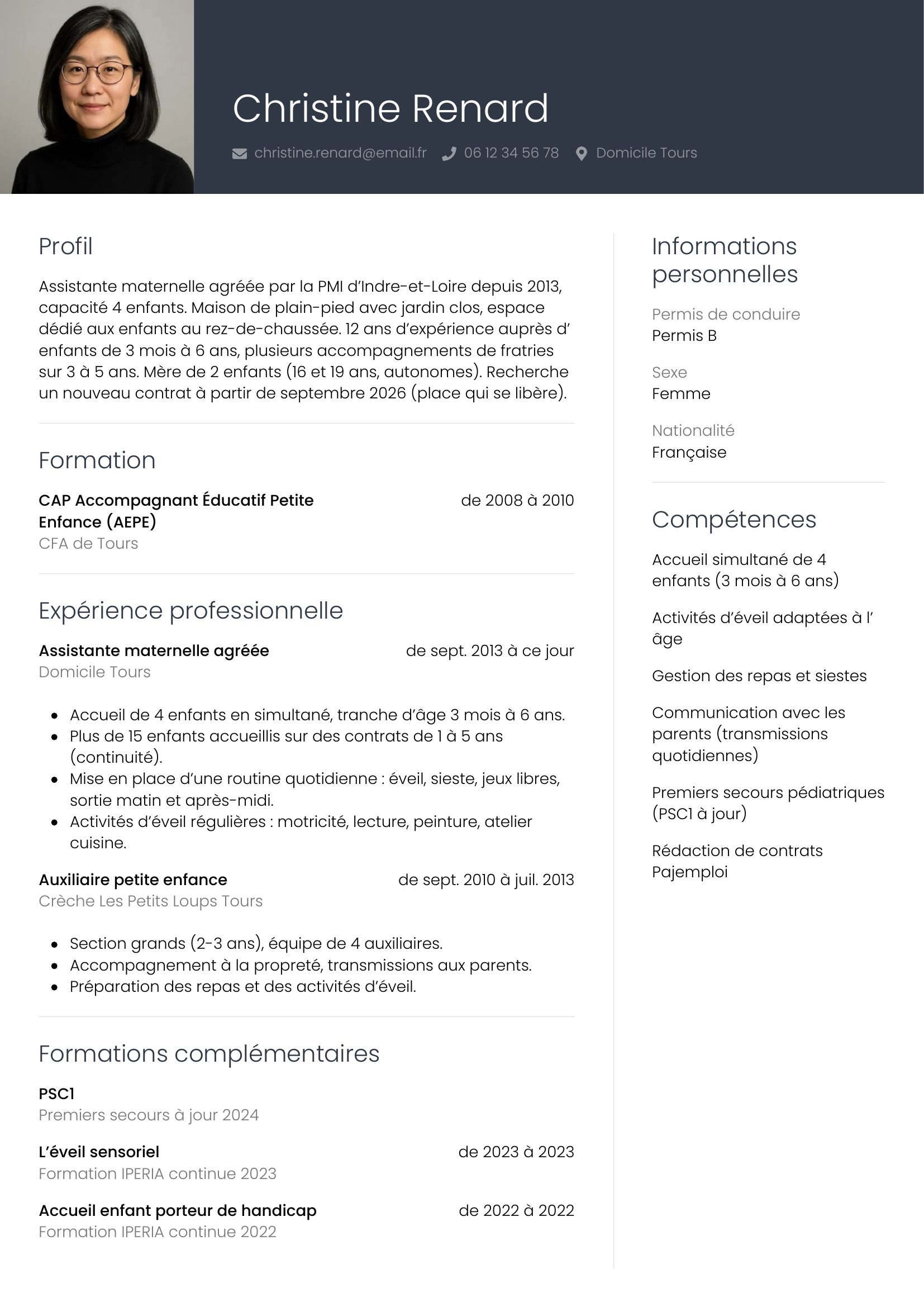 Modèle Professionnel — exemple de CV Assistante maternelle