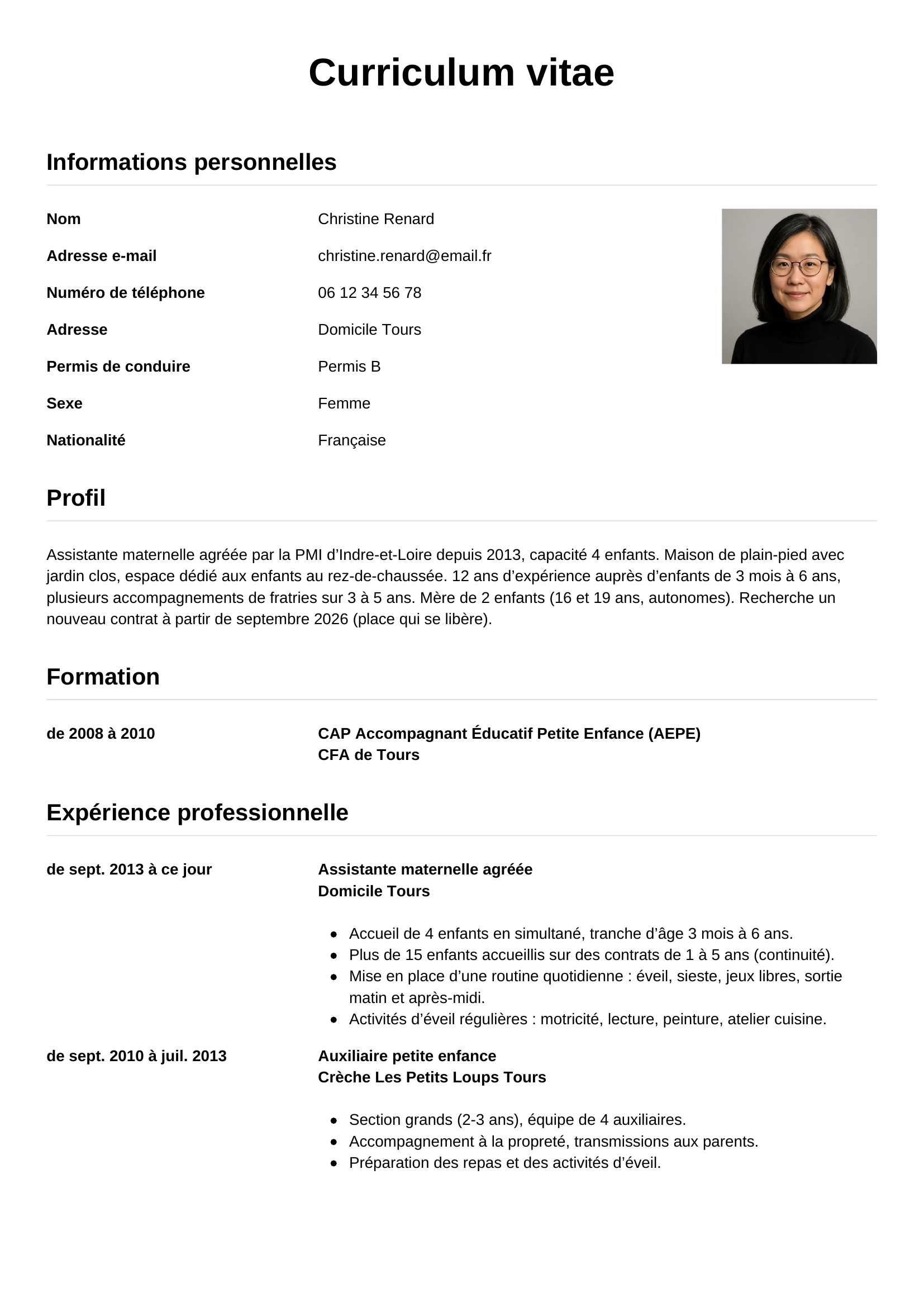 Modèle Simple — exemple de CV Assistante maternelle