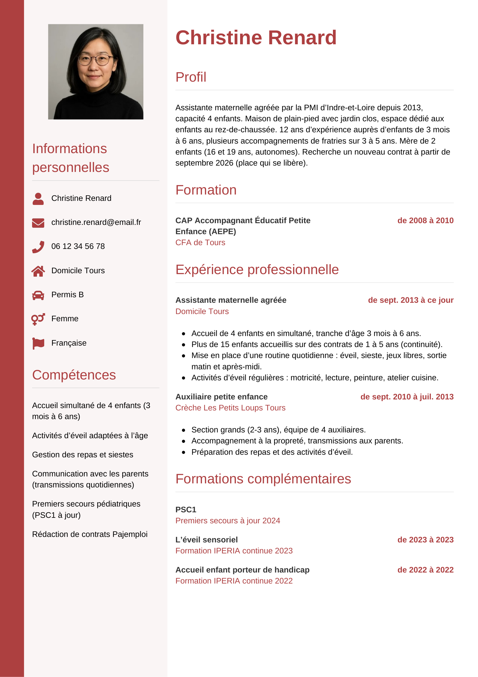 Modèle Vertical — exemple de CV Assistante maternelle