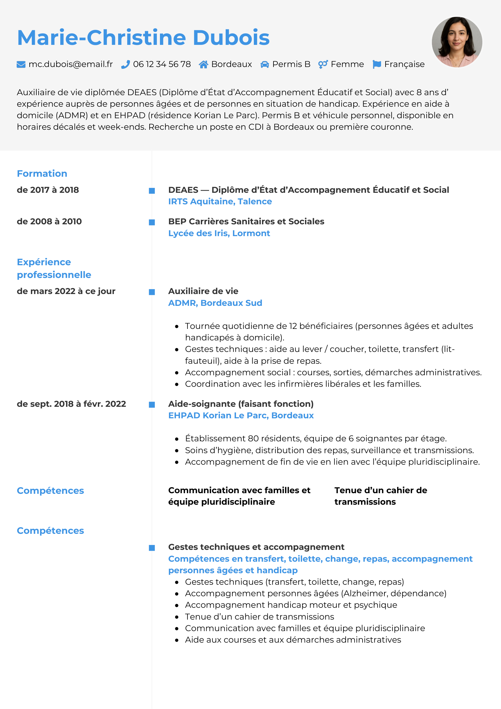Modèle Chrono — exemple de CV Auxiliaire de vie