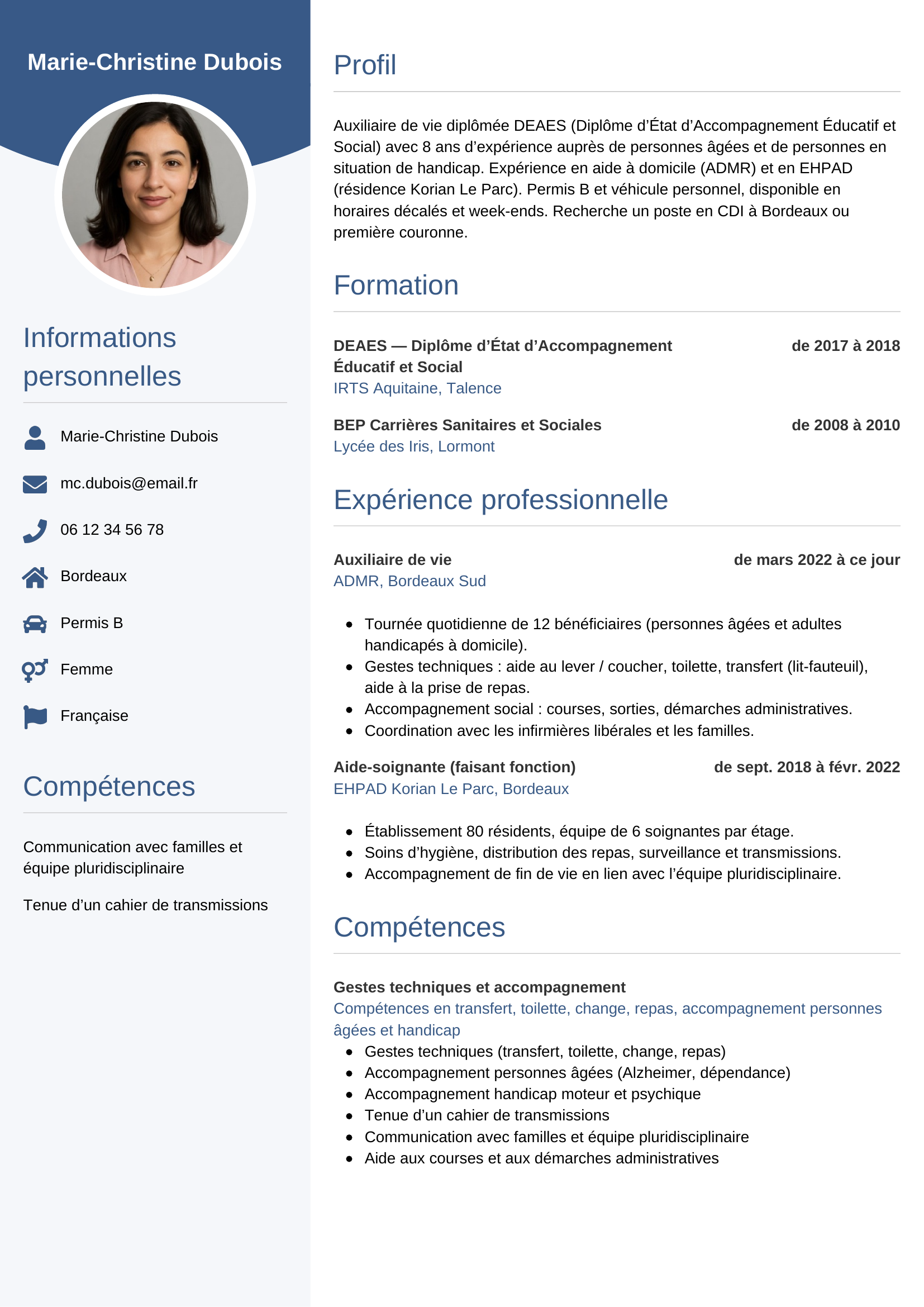 Modèle Circulaire — exemple de CV Auxiliaire de vie