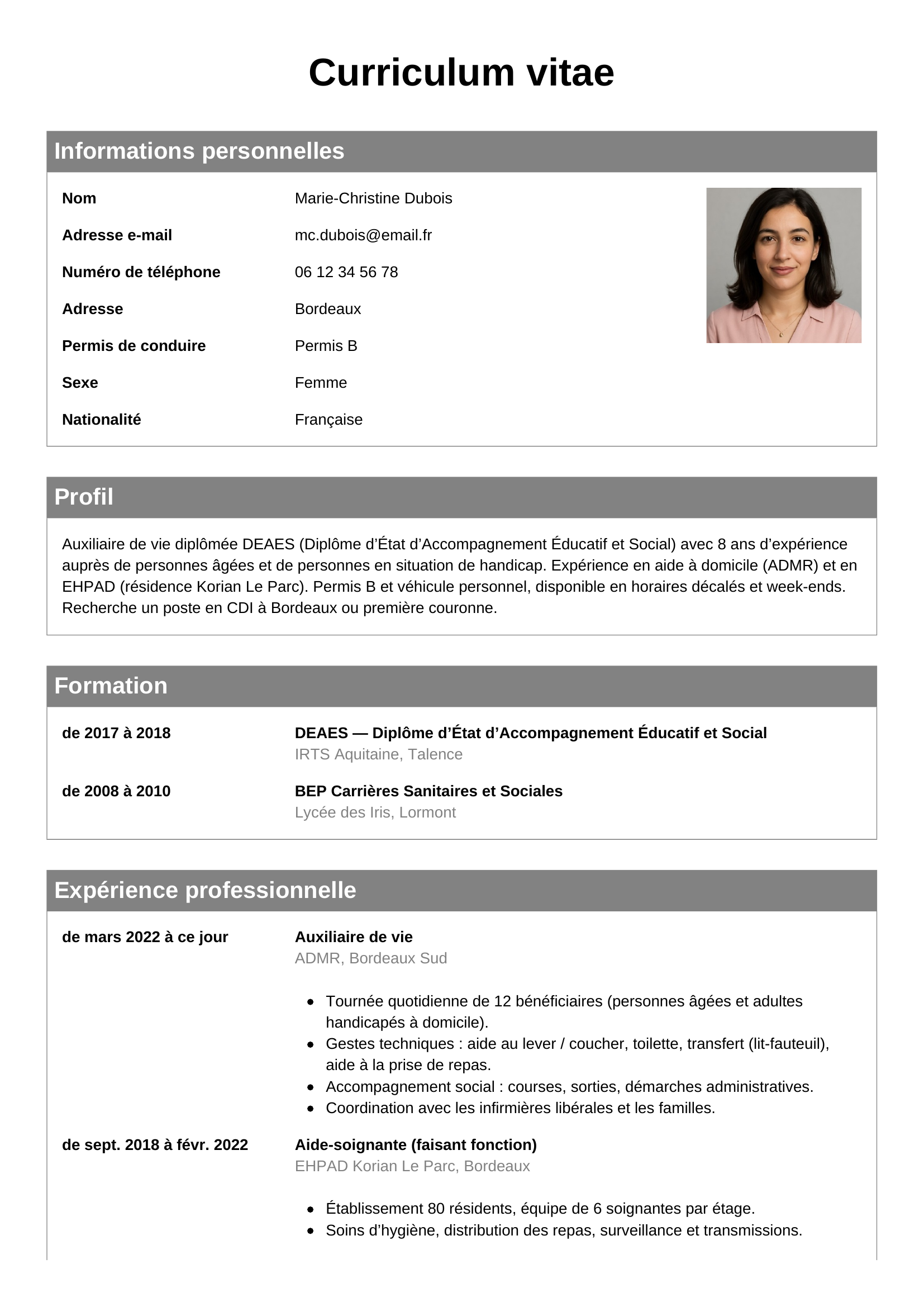 Modèle Classique — exemple de CV Auxiliaire de vie