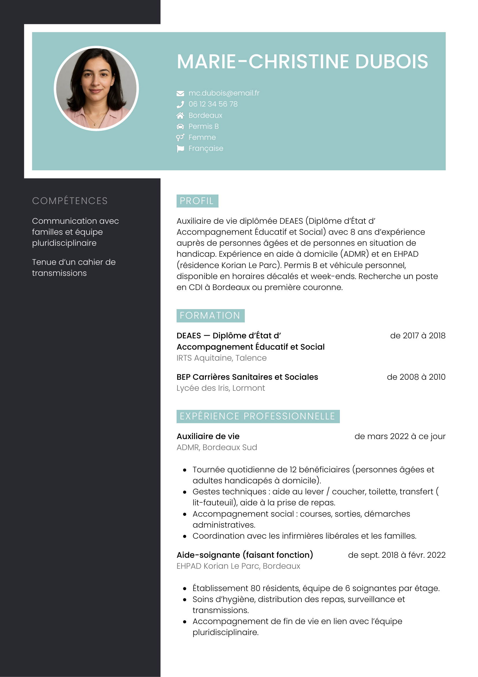 Modèle Élégant — exemple de CV Auxiliaire de vie