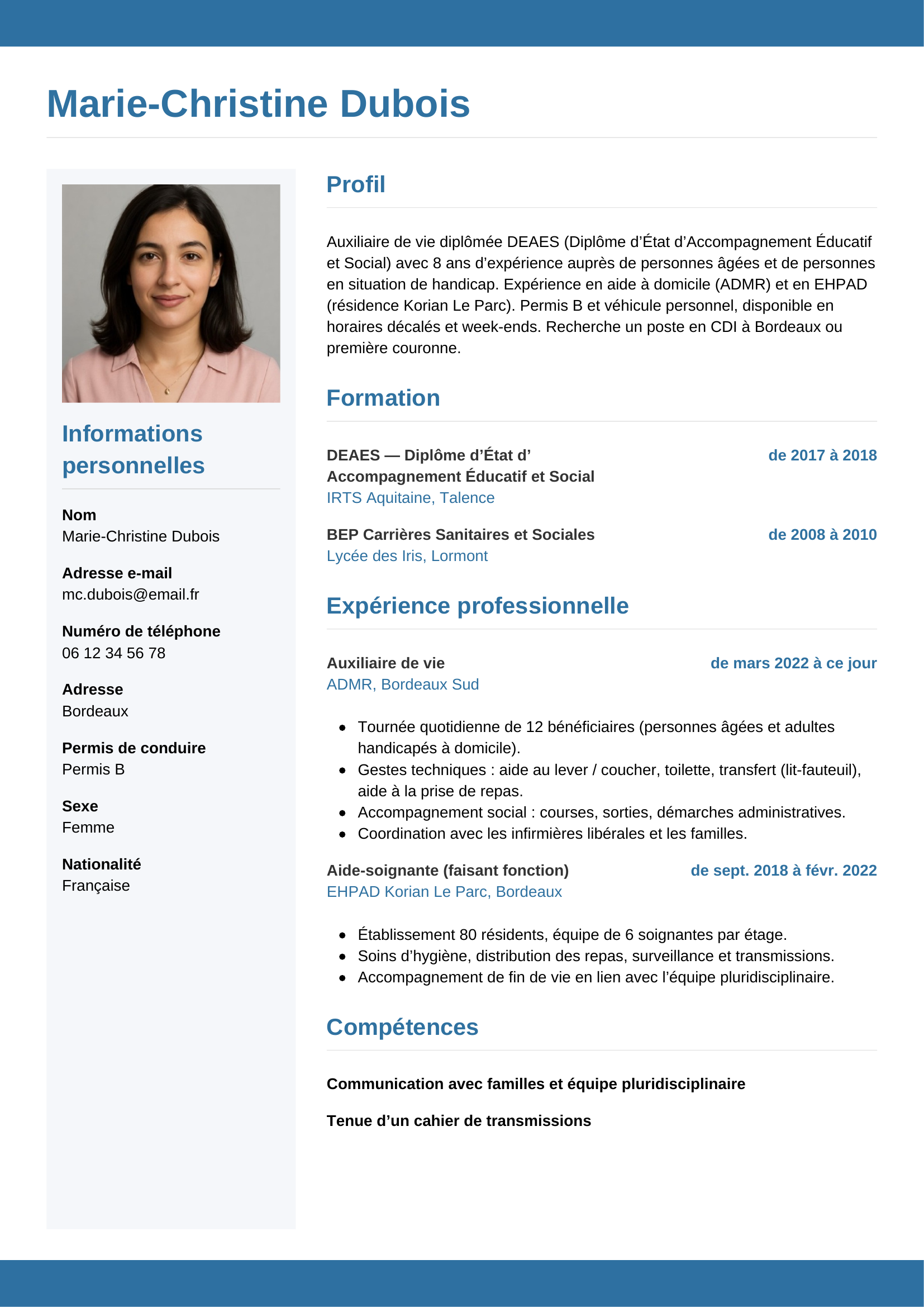 Modèle Horizontal — exemple de CV Auxiliaire de vie
