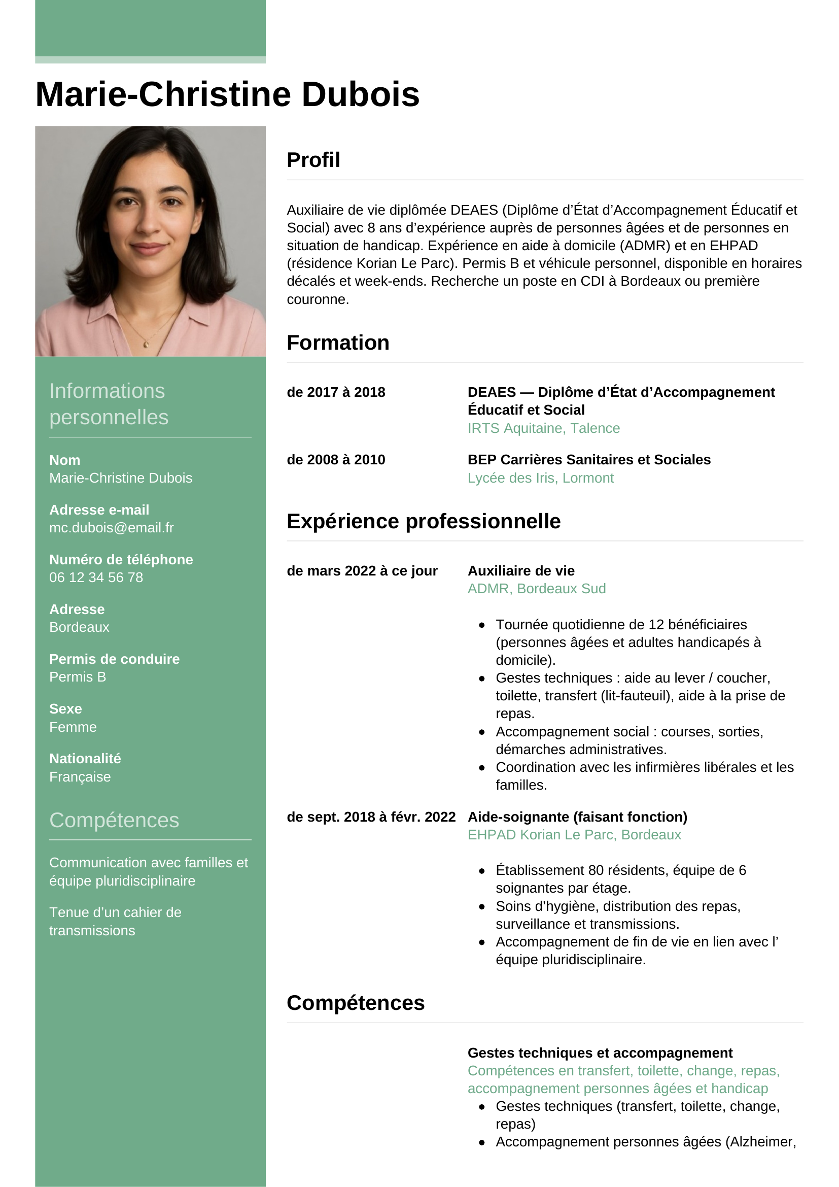 Modèle Informel — exemple de CV Auxiliaire de vie