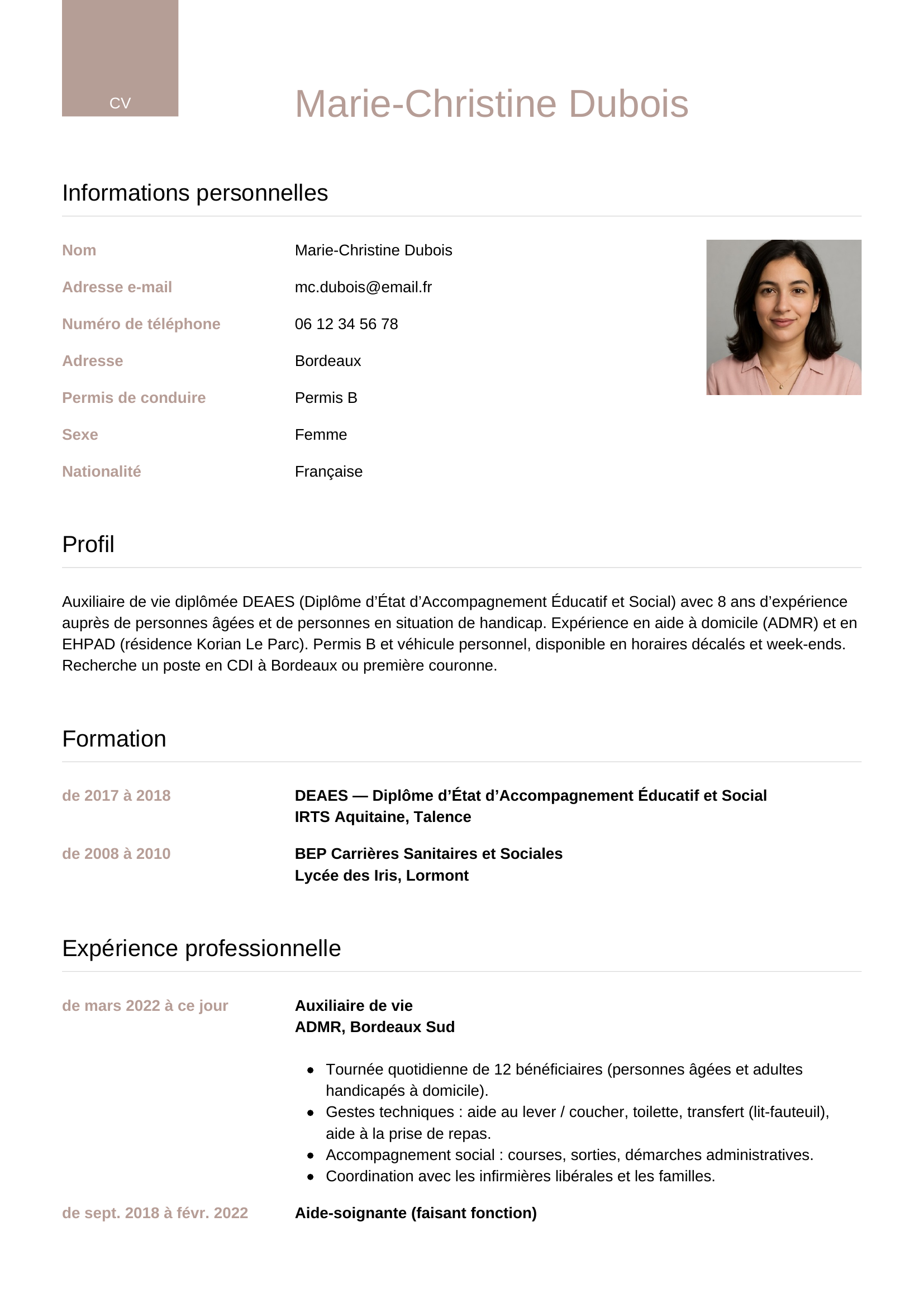 Modèle Luxe — exemple de CV Auxiliaire de vie