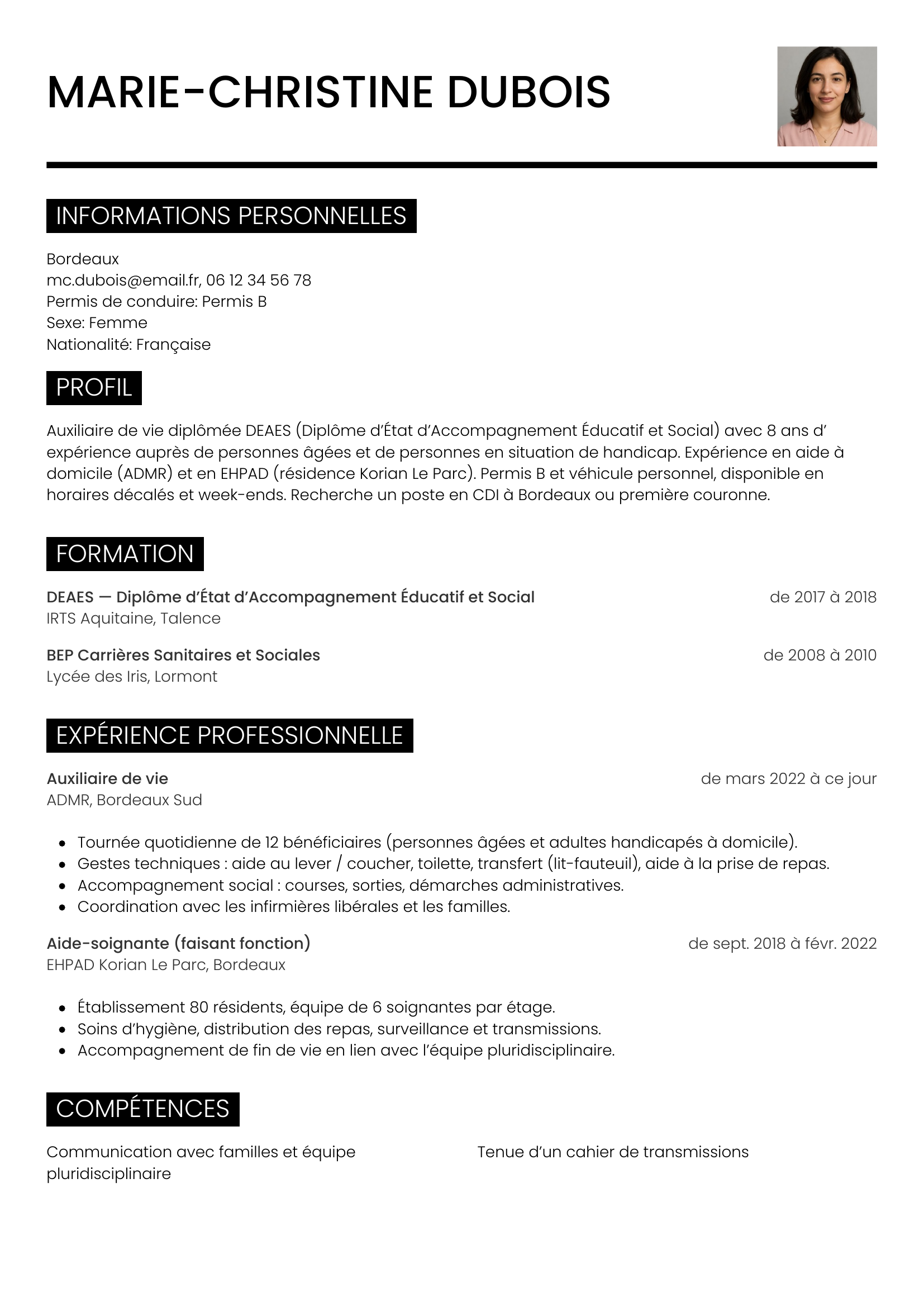 Modèle Métro — exemple de CV Auxiliaire de vie