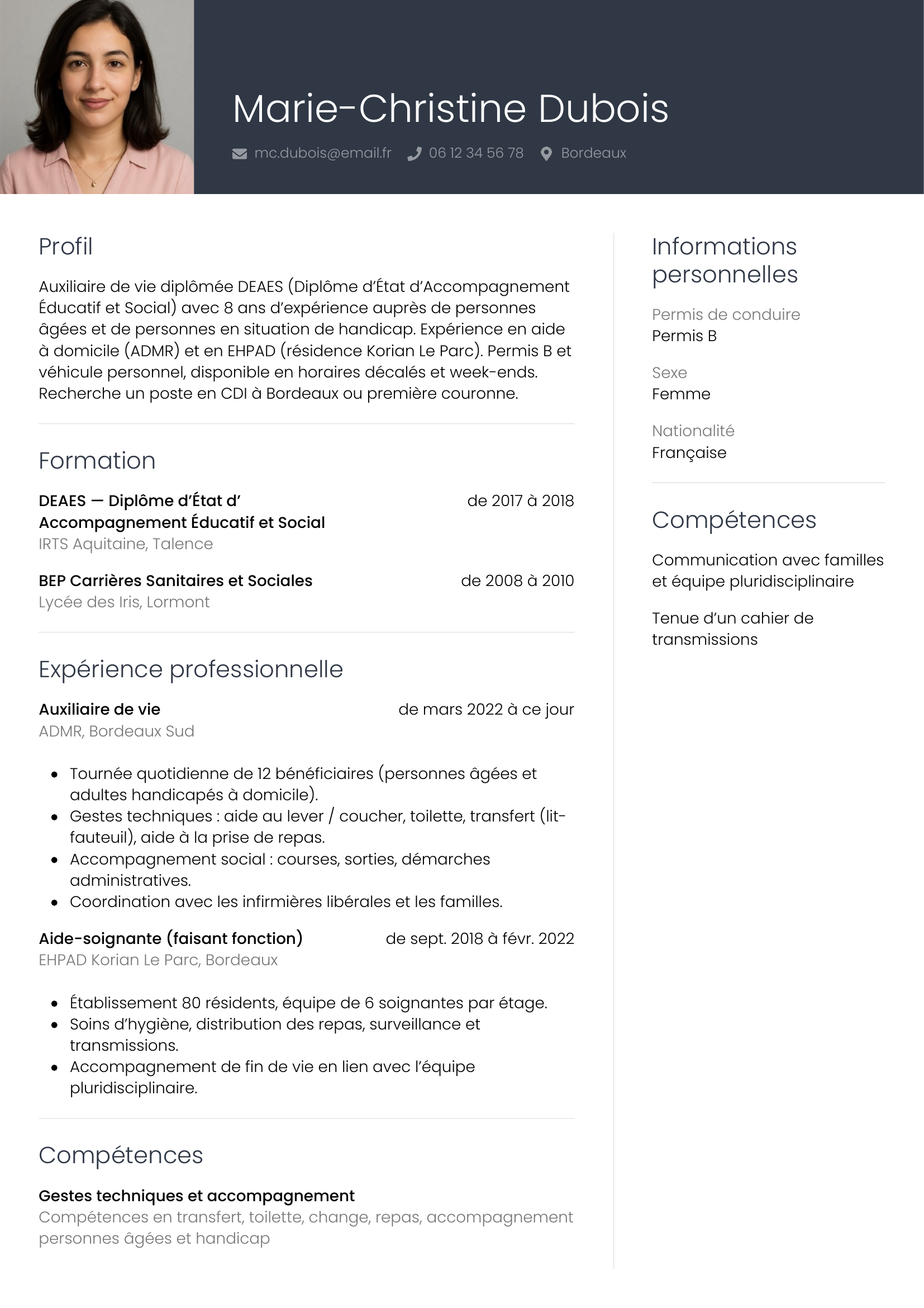 Modèle Professionnel — exemple de CV Auxiliaire de vie