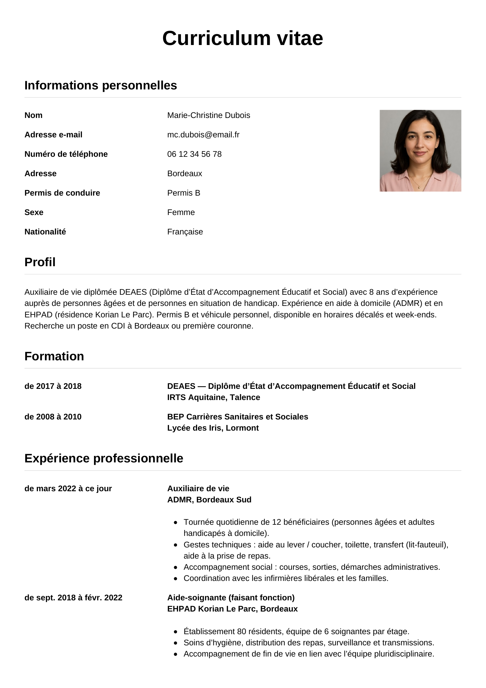 Modèle Simple — exemple de CV Auxiliaire de vie
