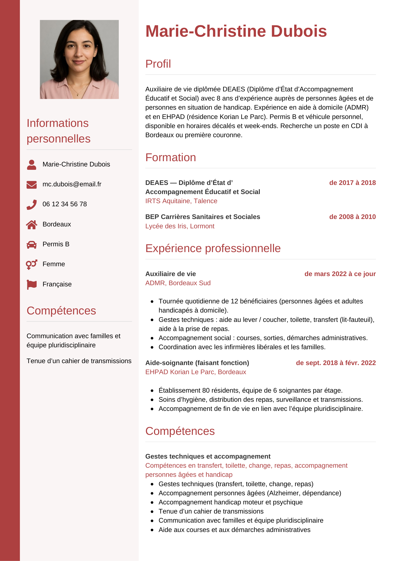 Modèle Vertical — exemple de CV Auxiliaire de vie