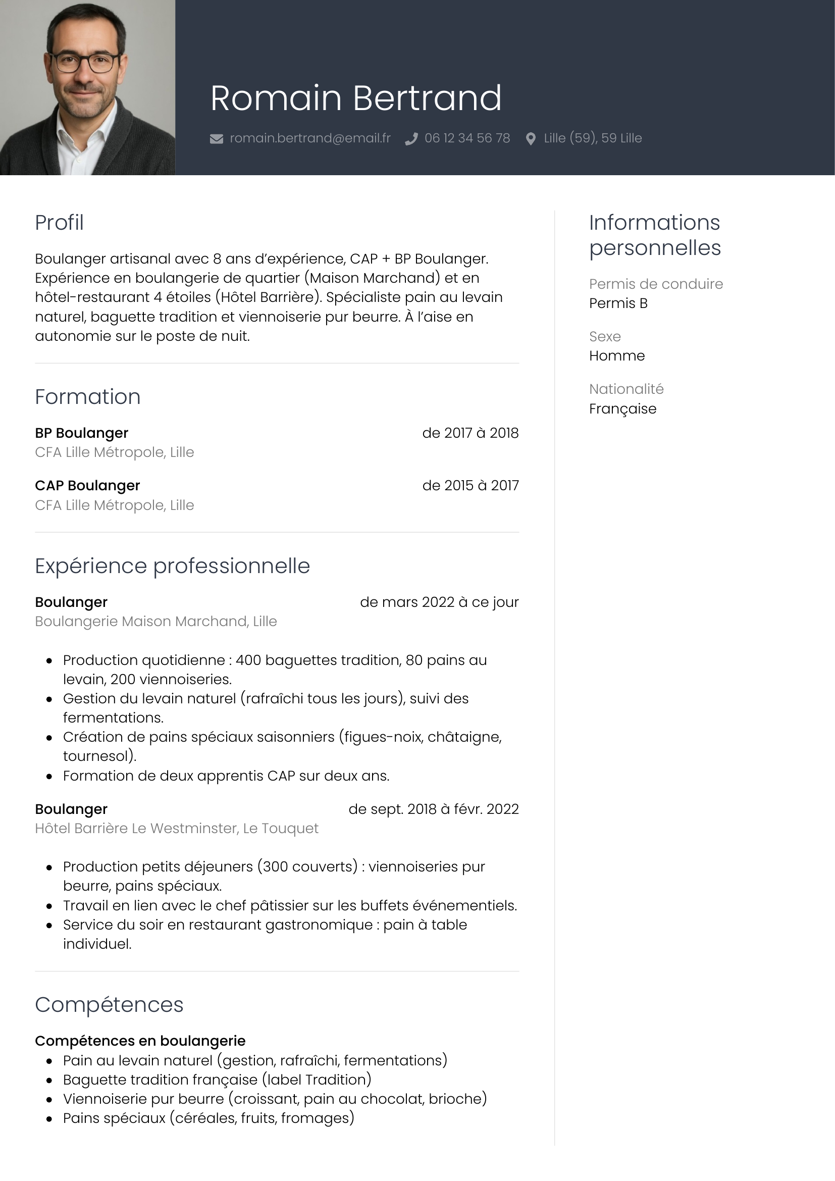 Modèle Professionnel — exemple de CV Boulanger