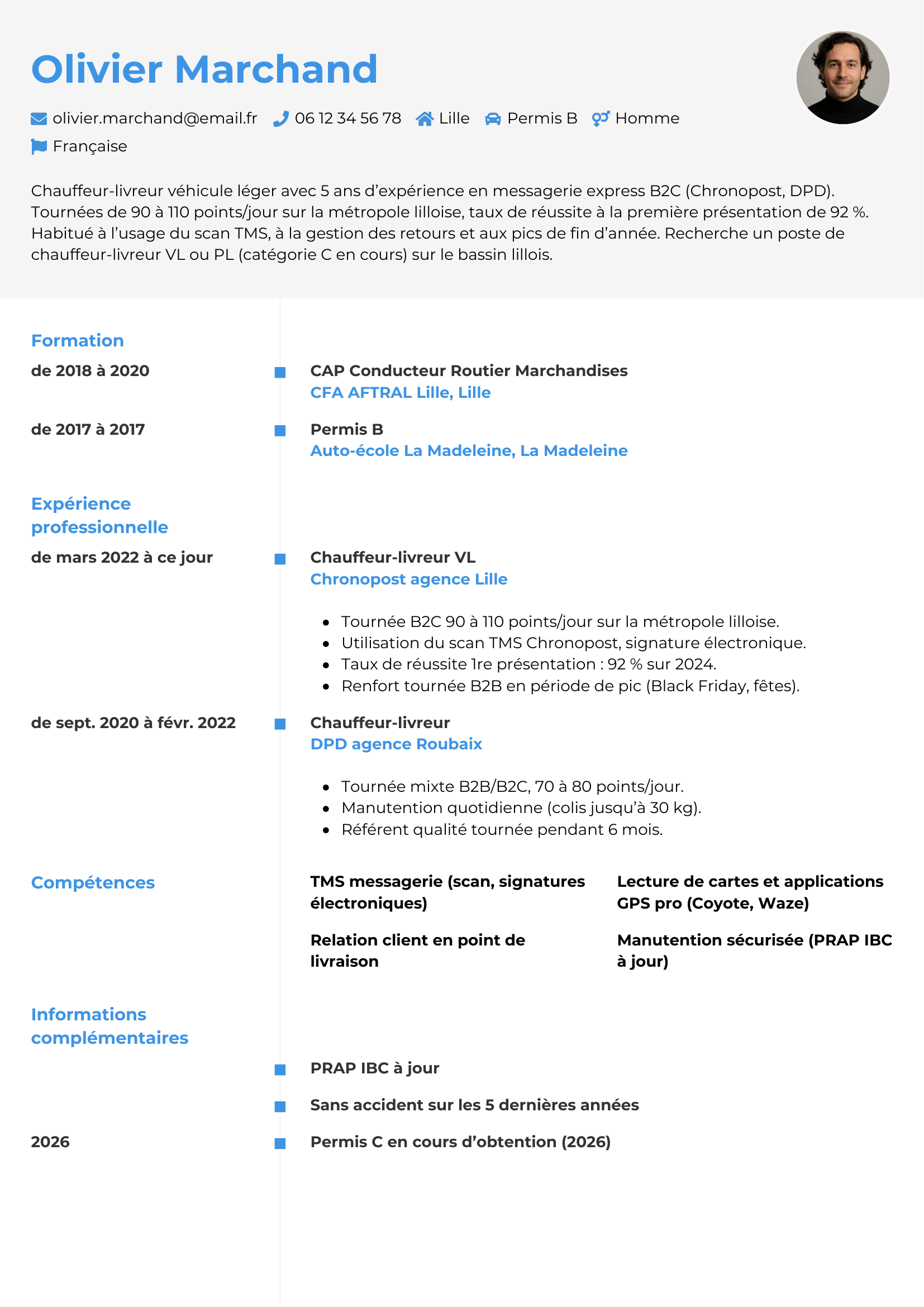 CV chauffeur-livreur — modèle chrono