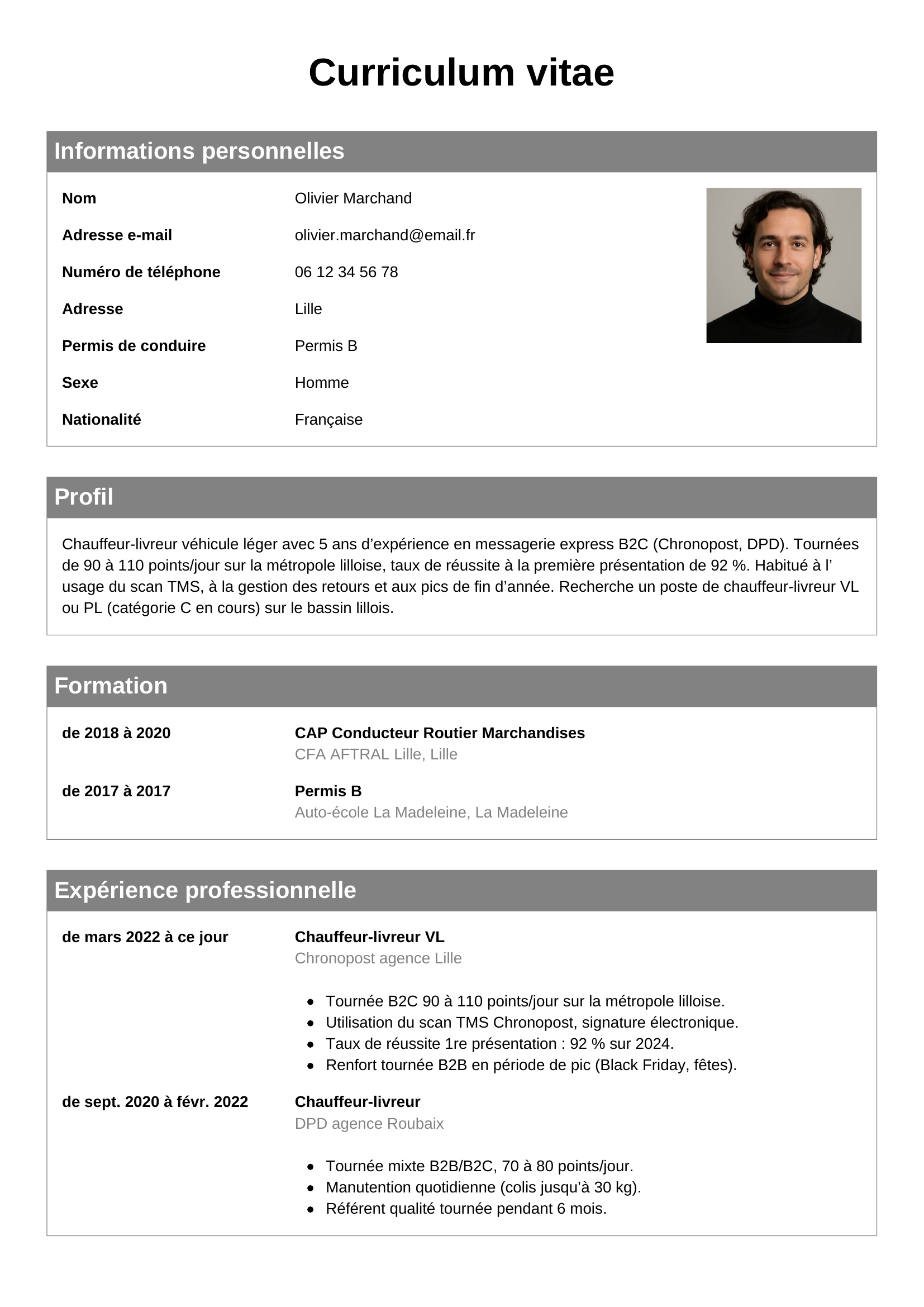 CV chauffeur-livreur — modèle classique