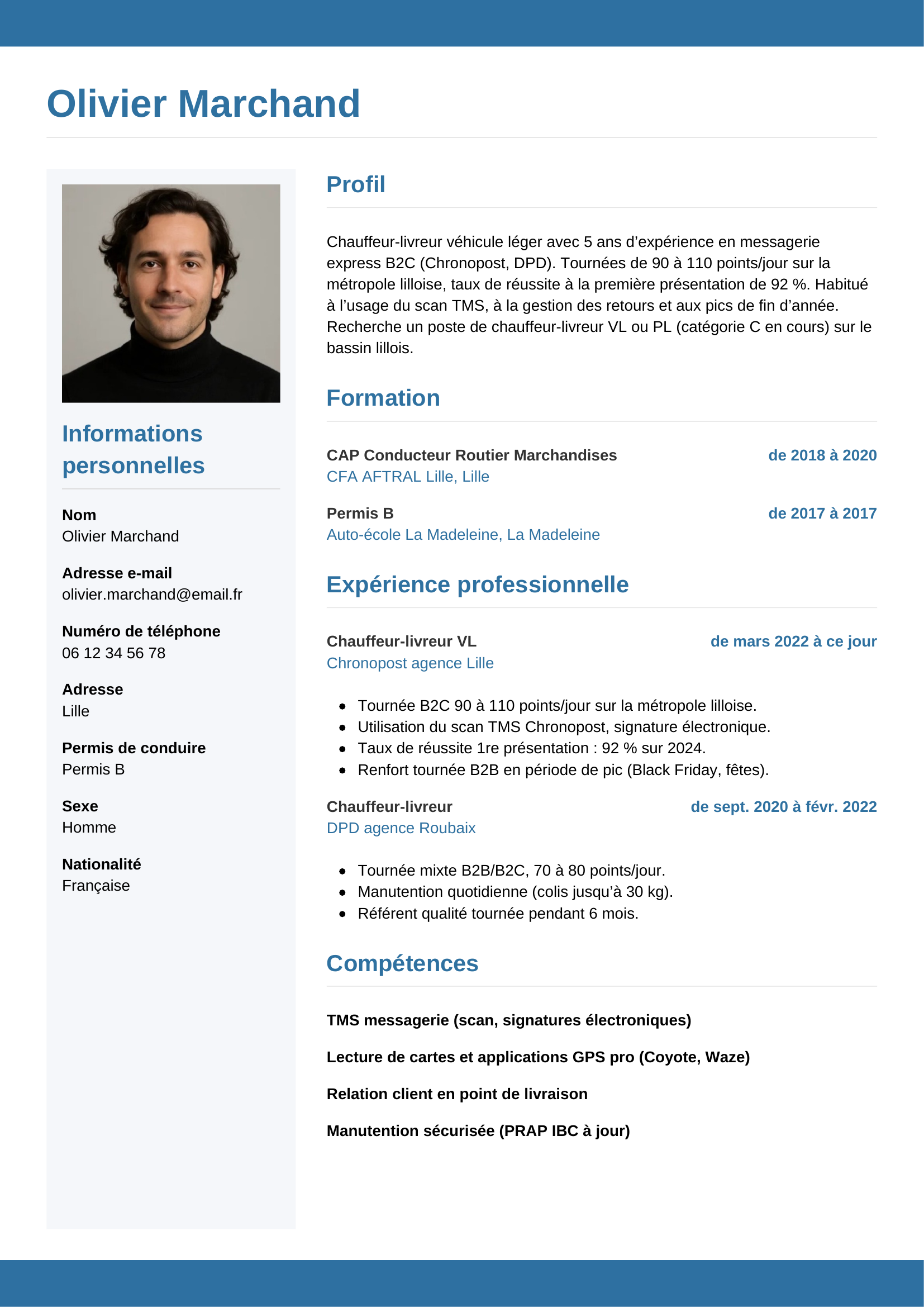 CV chauffeur-livreur — modèle horizontal